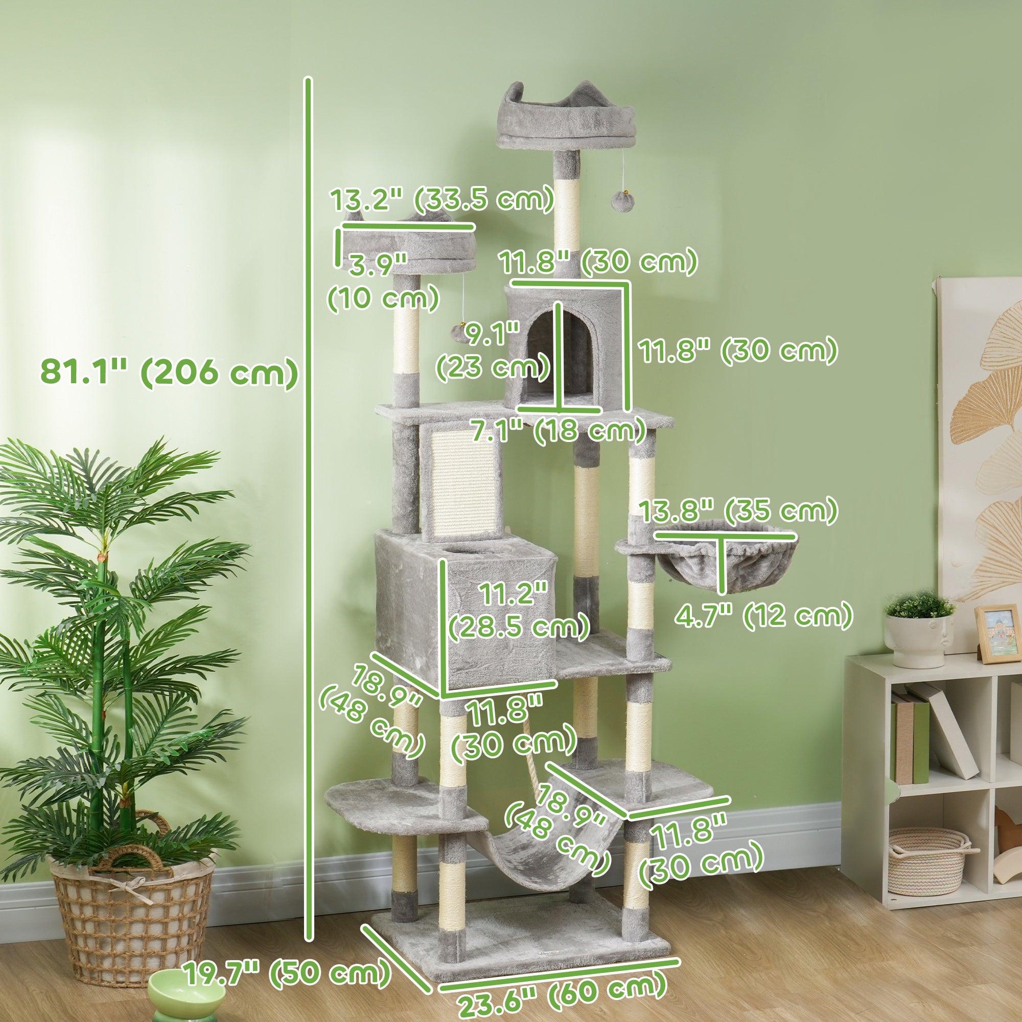 PawHut Cat Tower, 81" Cat Tree for Large Cats Adult w/ Scratching Posts, Scratching Board, Cat Condos, Cat Beds, Hammocks, Jumping Platforms, Toy Balls, Rope Cat Toy, Light Grey