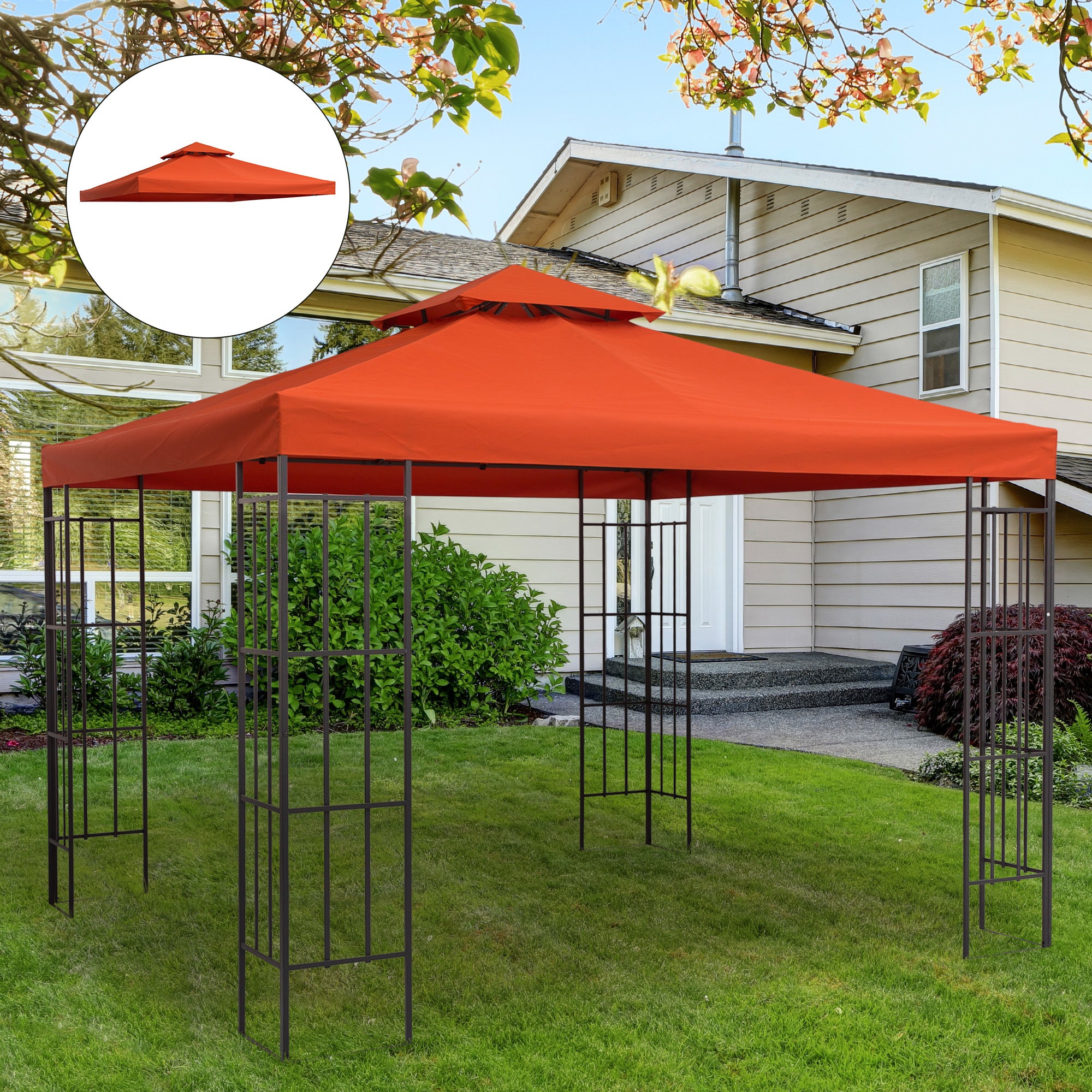Outsunny 9.8' x 9.8' Square 2-Tier Gazebo Canopy Replacement Top Cover Outdoor Garden Sun Shade, Red