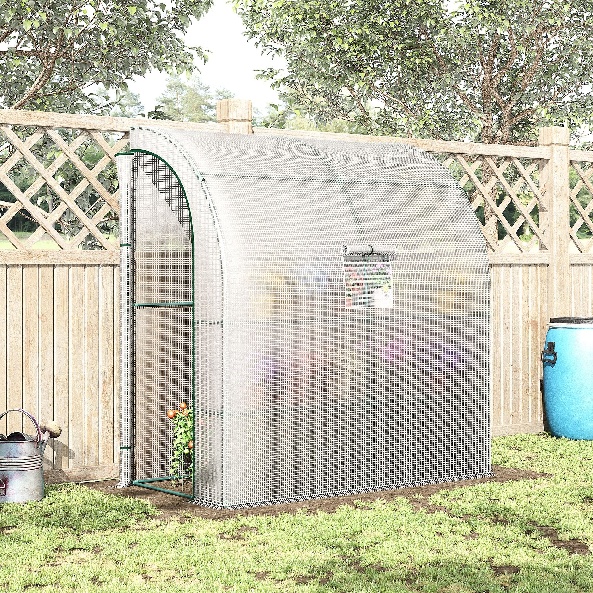 Outsunny 7' x 3' x 7' Outdoor Lean-to Walk-In Greenhouse, Plant Gardening Green House with Roll-up Mesh Windows, Zipper Door and 3-Tier Shelves, White