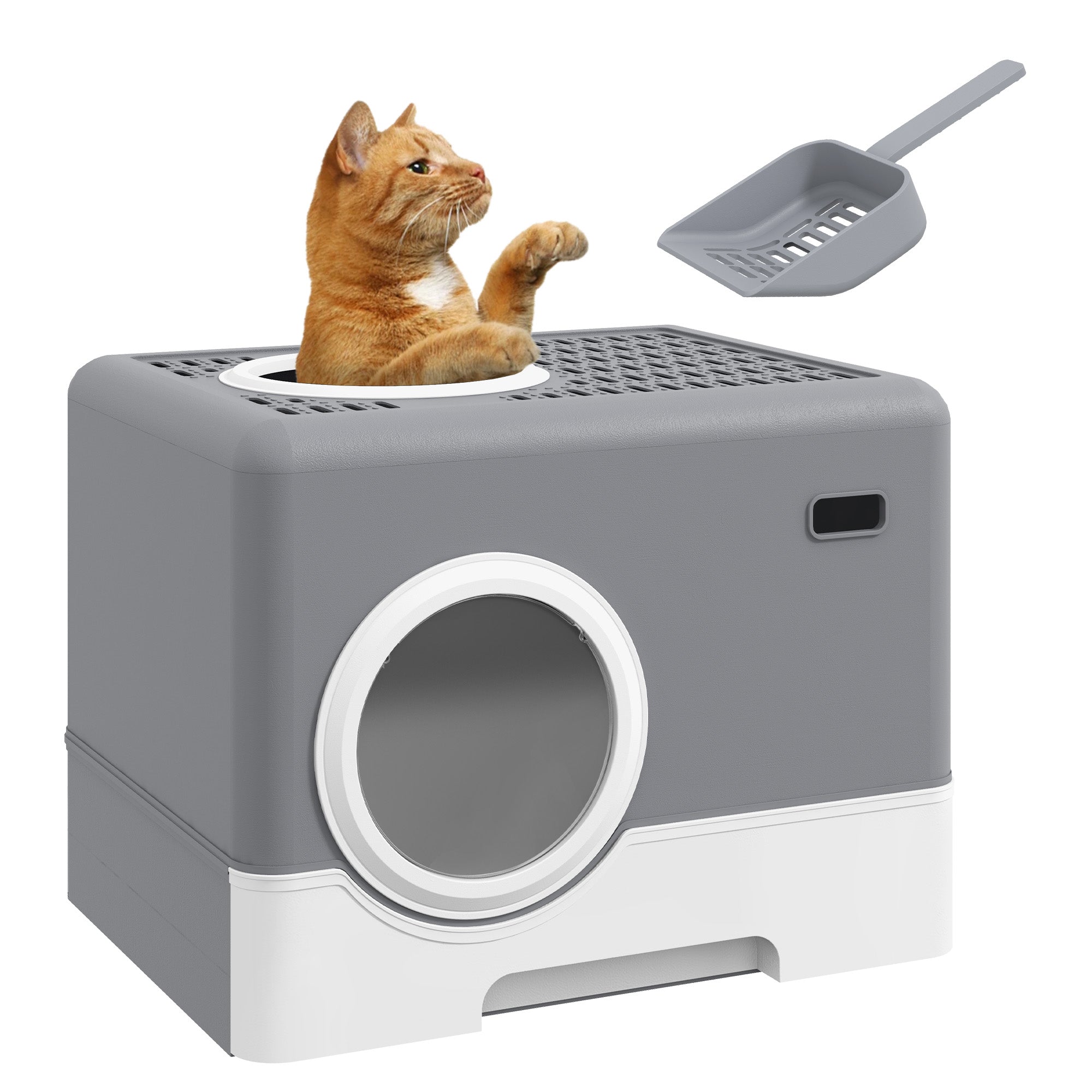 PawHut Cat Litter Tray with Hood Cat Litter Box with Front Entry, Top Exit, Drawer, Tray, Scoop, 38.5H x 52L x 41Wcm - Grey