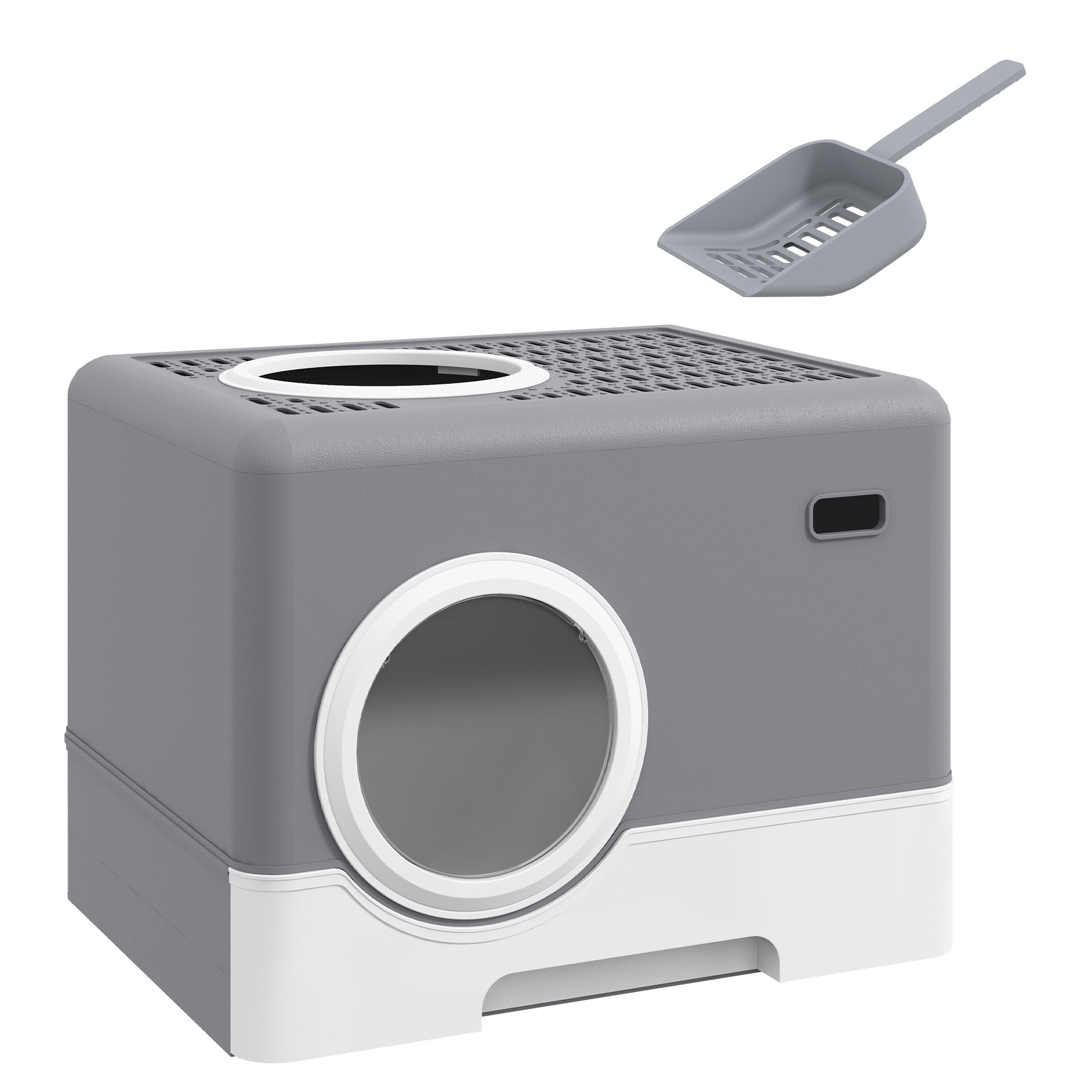 PawHut Cat Litter Tray with Hood Cat Litter Box with Front Entry, Top Exit, Drawer, Tray, Scoop, 38.5H x 52L x 41Wcm - Grey