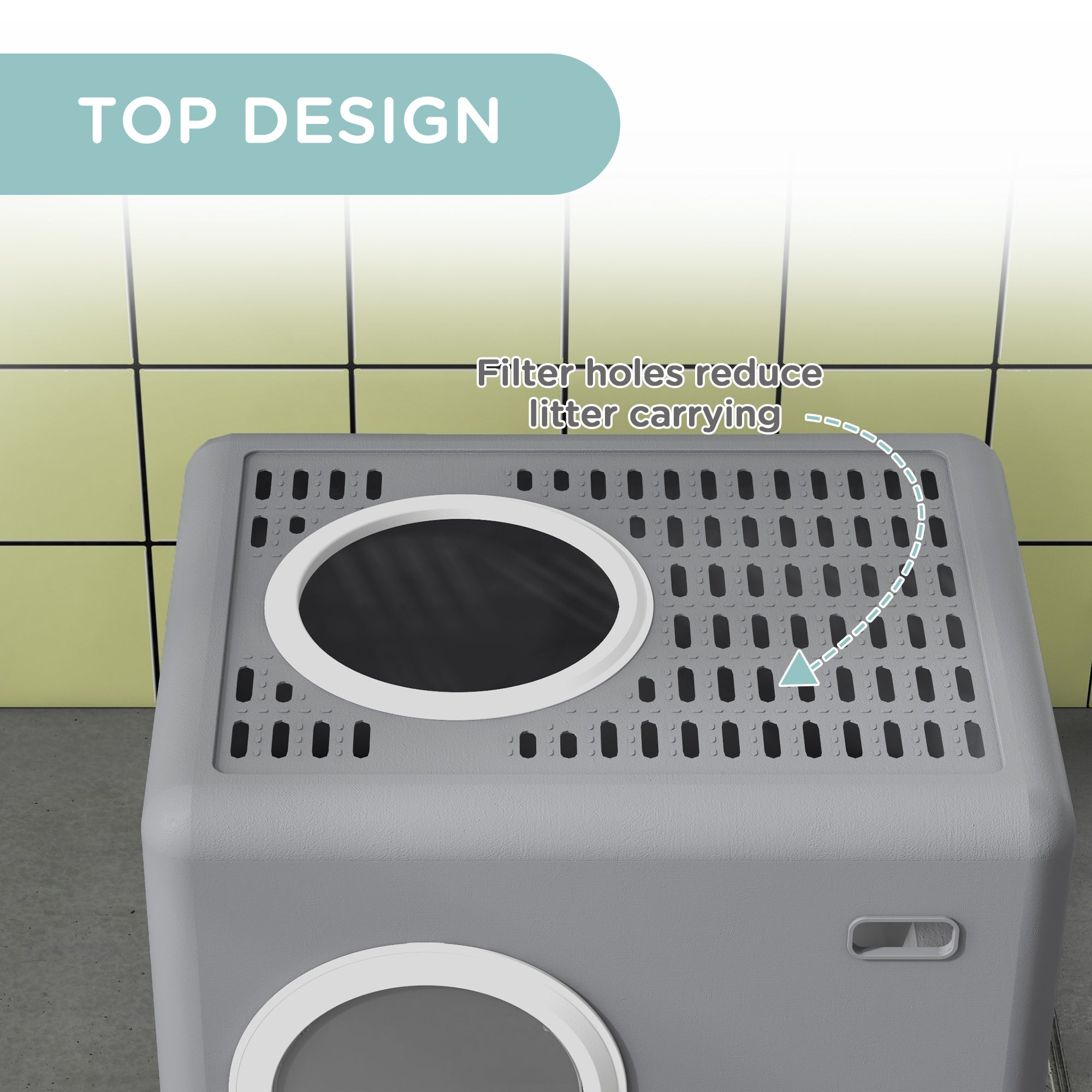 PawHut Cat Litter Tray with Hood Cat Litter Box with Front Entry, Top Exit, Drawer, Tray, Scoop, 38.5H x 52L x 41Wcm - Grey