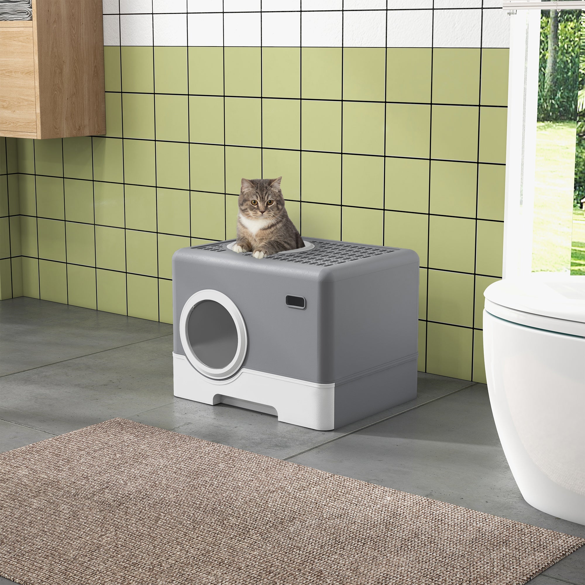PawHut Cat Litter Tray with Hood Cat Litter Box with Front Entry, Top Exit, Drawer, Tray, Scoop, 38.5H x 52L x 41Wcm - Grey