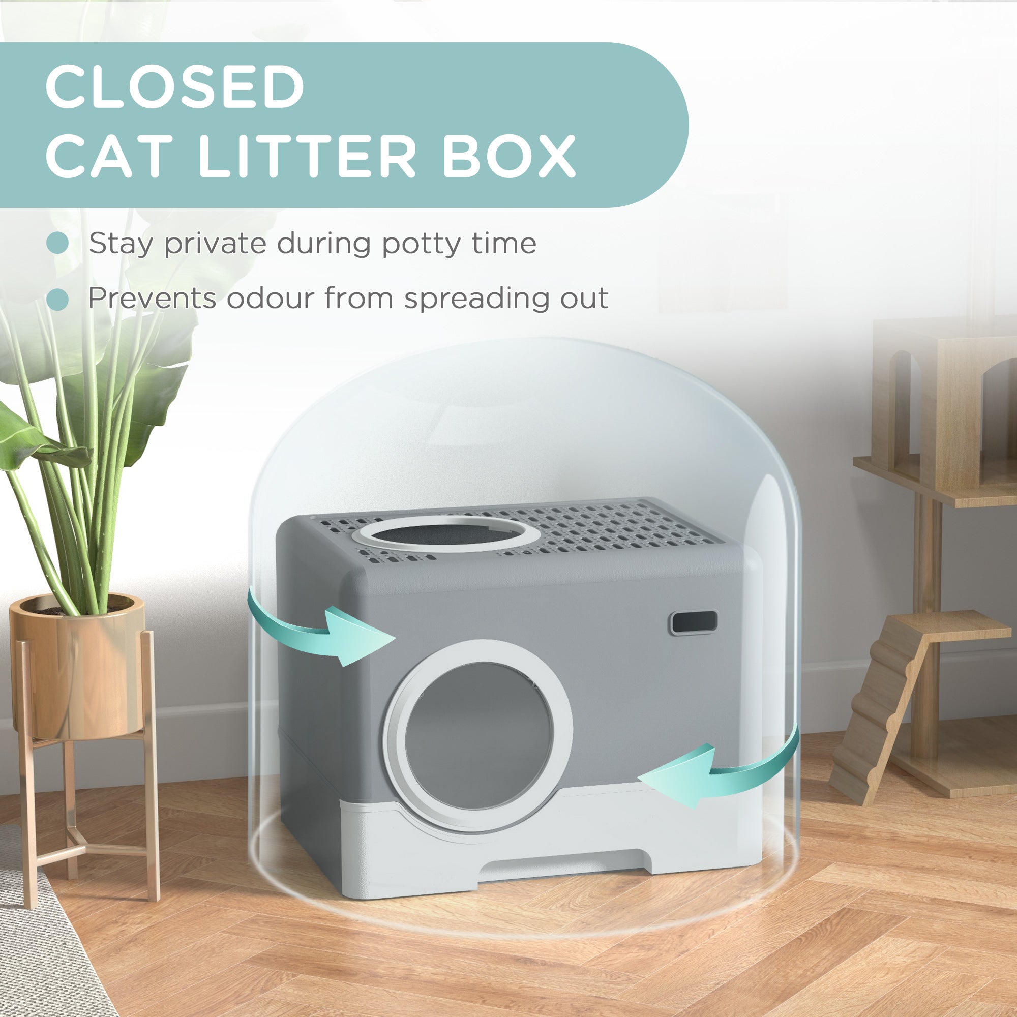 PawHut Cat Litter Tray with Hood Cat Litter Box with Front Entry, Top Exit, Drawer, Tray, Scoop, 38.5H x 52L x 41Wcm - Grey