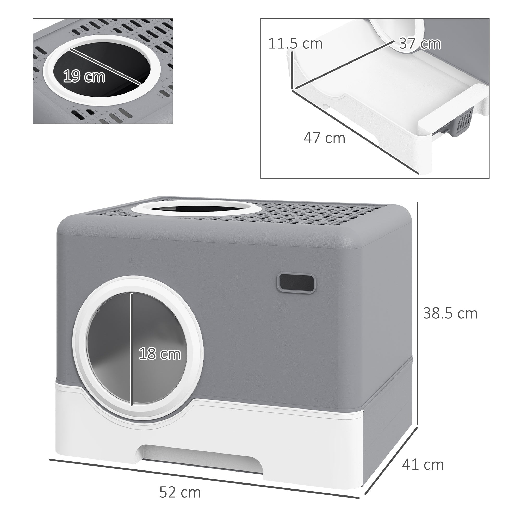PawHut Cat Litter Tray with Hood Cat Litter Box with Front Entry, Top Exit, Drawer, Tray, Scoop, 38.5H x 52L x 41Wcm - Grey