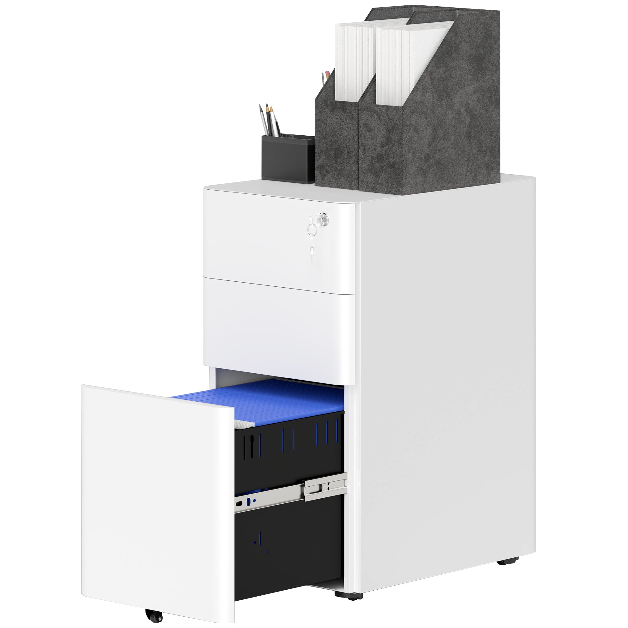 Vinsetto 3 Drawer Vertical File Cabinet, Lockable Steel Filing Cabinet with Hanging Bar for Letter A4 Legal Size Files, Printer Stand with Pre-Assembled Body, White