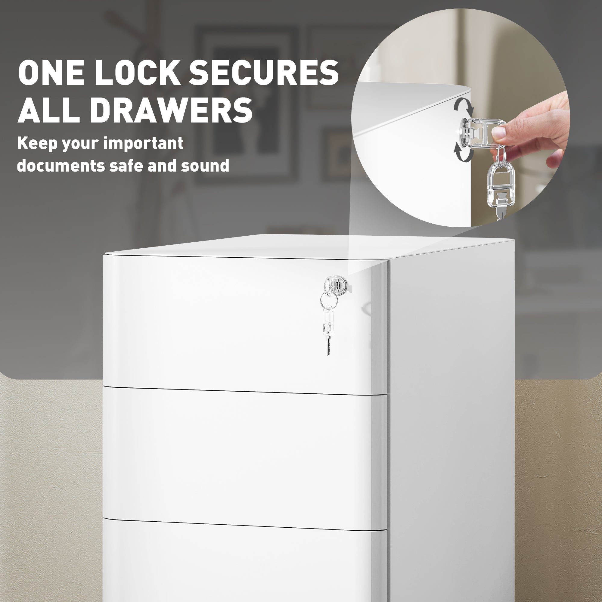 Vinsetto 3 Drawer Vertical File Cabinet, Lockable Steel Filing Cabinet with Hanging Bar for Letter A4 Legal Size Files, Printer Stand with Pre-Assembled Body, White