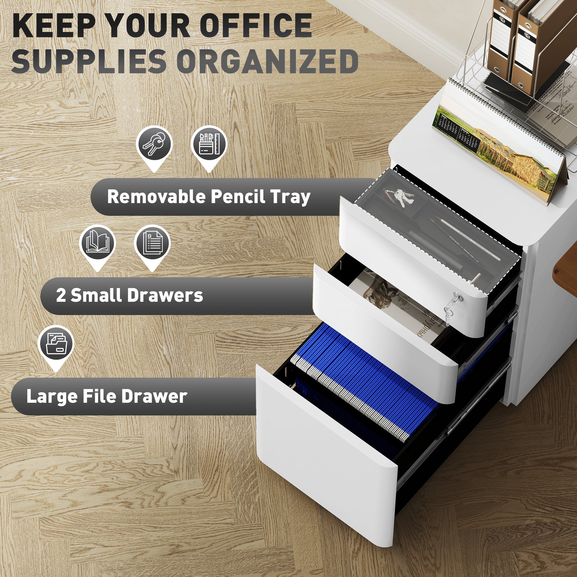 Vinsetto 3 Drawer Vertical File Cabinet, Lockable Steel Filing Cabinet with Hanging Bar for Letter A4 Legal Size Files, Printer Stand with Pre-Assembled Body, White