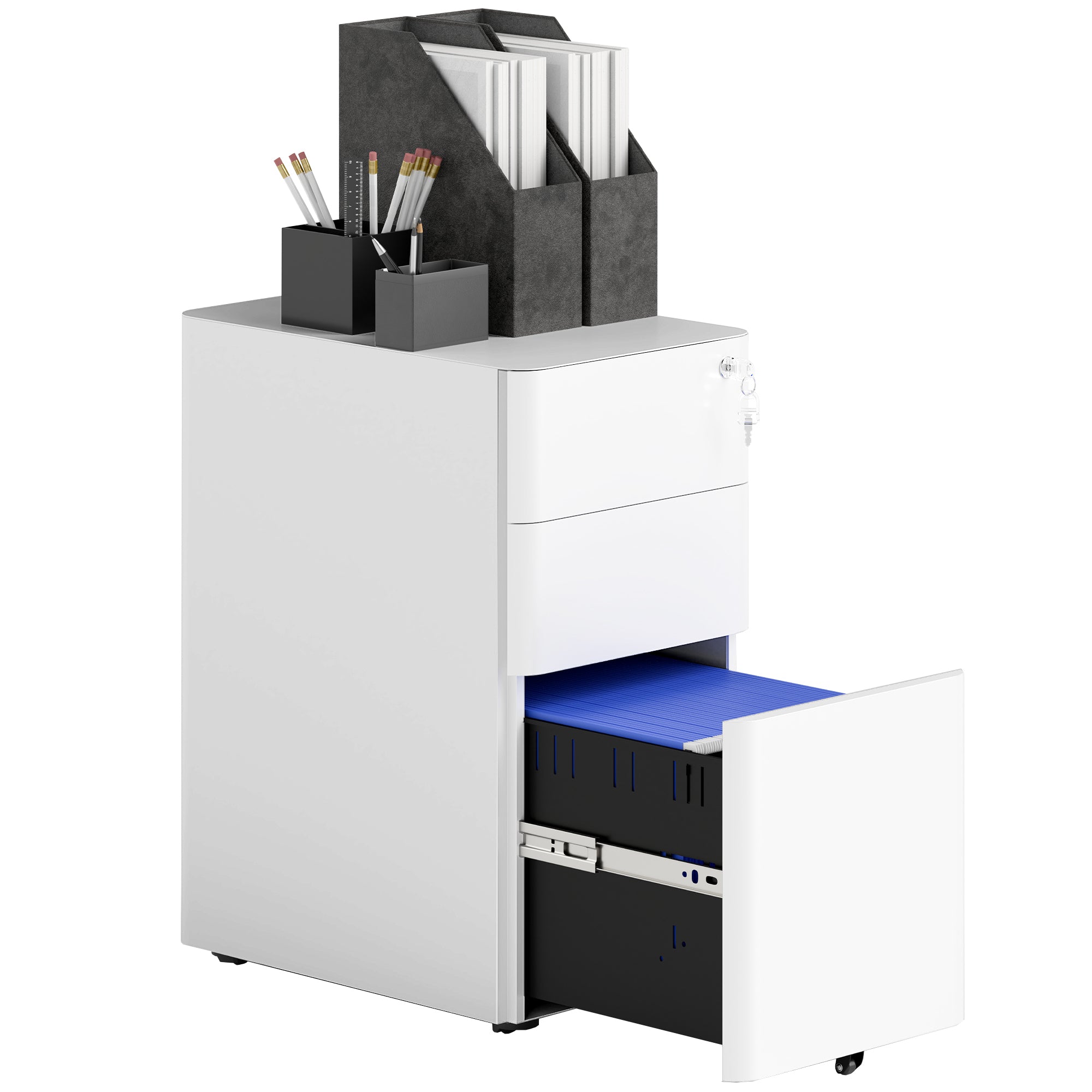 Vinsetto 3 Drawer Vertical File Cabinet, Lockable Steel Filing Cabinet with Hanging Bar for Letter A4 Legal Size Files, Printer Stand with Pre-Assembled Body, White