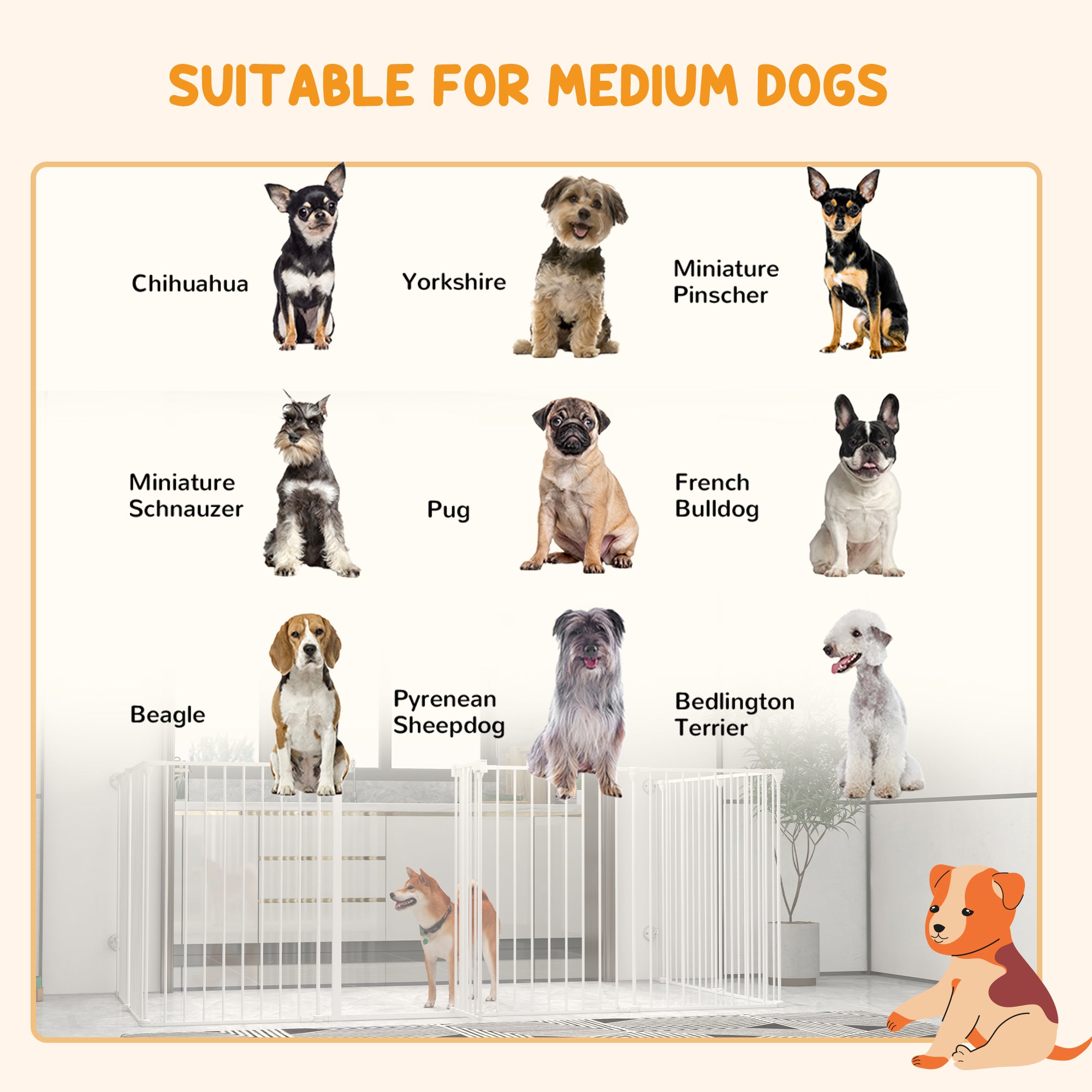 PawHut 2 in 1 Multifunctional Dog Pen, Safety Pet Gate, 8 Panels Dog Playpen with Double-Locking Door, Foldable Dog Barrier for Medium Dogs, 90Hcm - White