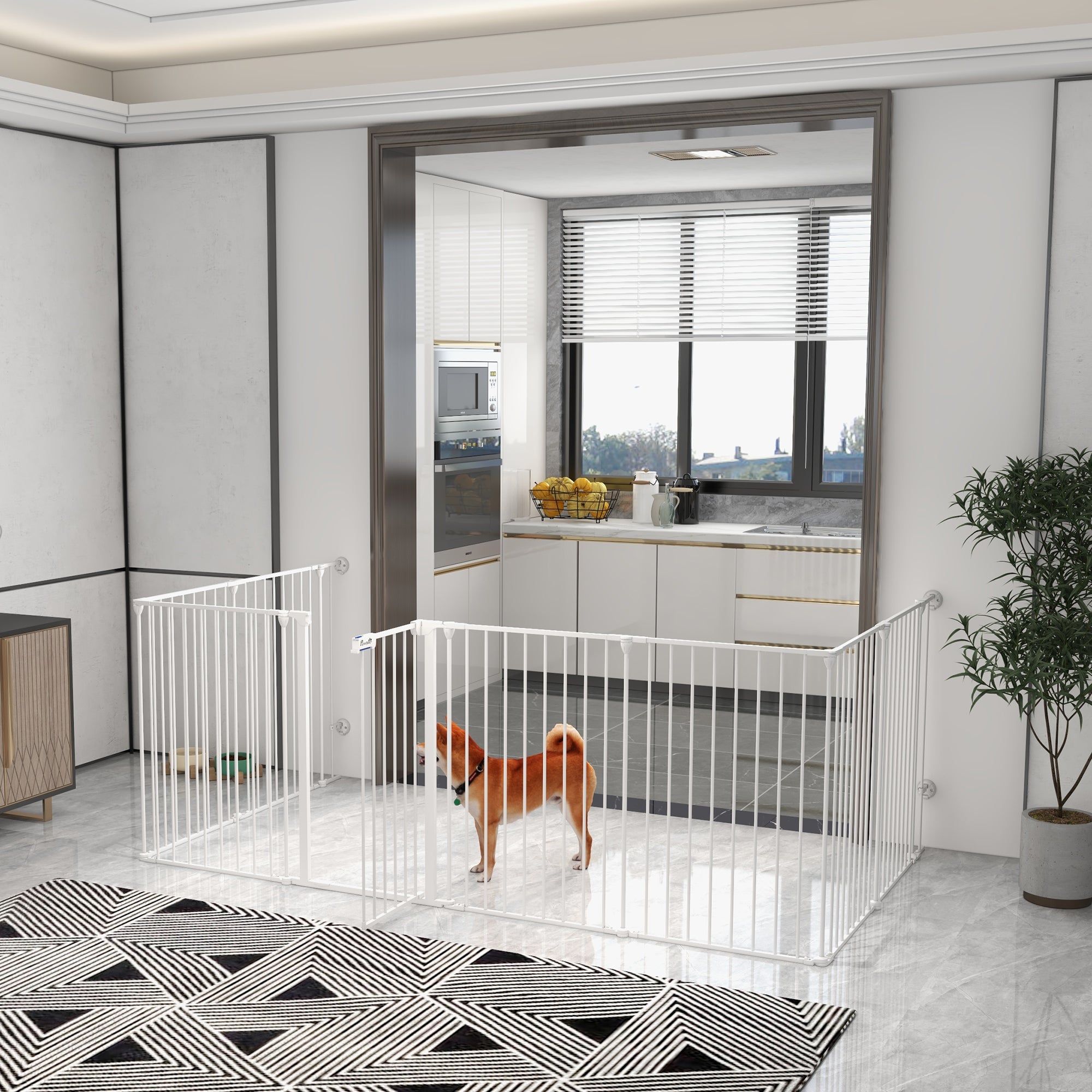 PawHut 2 in 1 Multifunctional Dog Pen, Safety Pet Gate, 8 Panels Dog Playpen with Double-Locking Door, Foldable Dog Barrier for Medium Dogs, 90Hcm - White