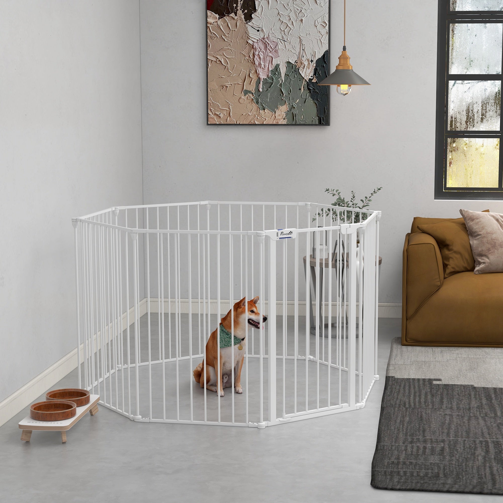 PawHut 2 in 1 Multifunctional Dog Pen, Safety Pet Gate, 8 Panels Dog Playpen with Double-Locking Door, Foldable Dog Barrier for Medium Dogs, 90Hcm - White