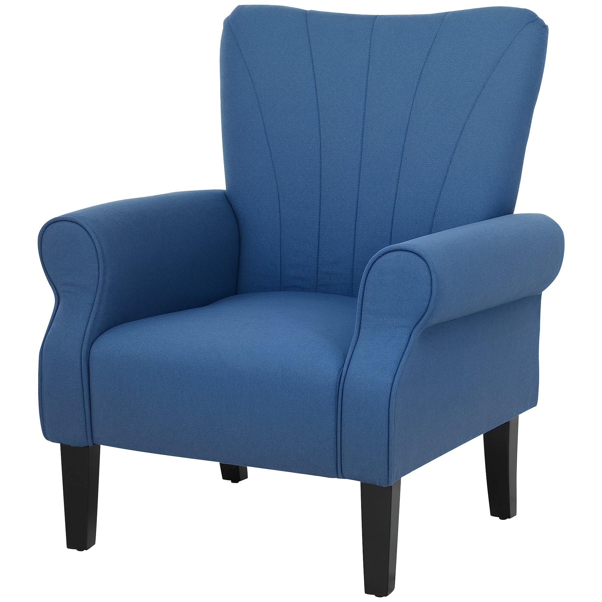 HOMCOM Fabric Accent Chair, Upholstered Armchair, Modern Wingback Living Room Chair with Wood Legs, Rolled Arms and Thick Padding, Dark Blue