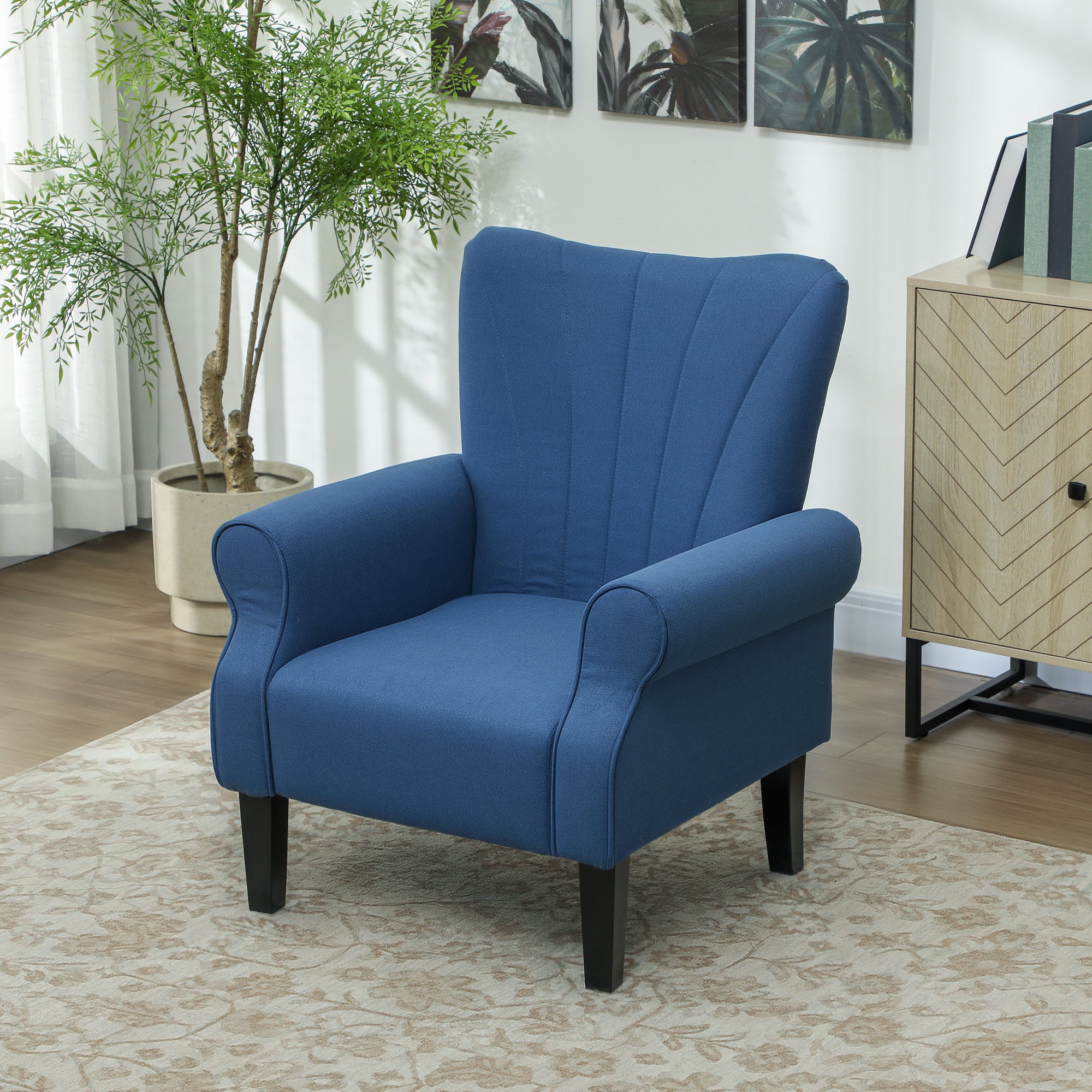 HOMCOM Fabric Accent Chair, Upholstered Armchair, Modern Wingback Living Room Chair with Wood Legs, Rolled Arms and Thick Padding, Dark Blue