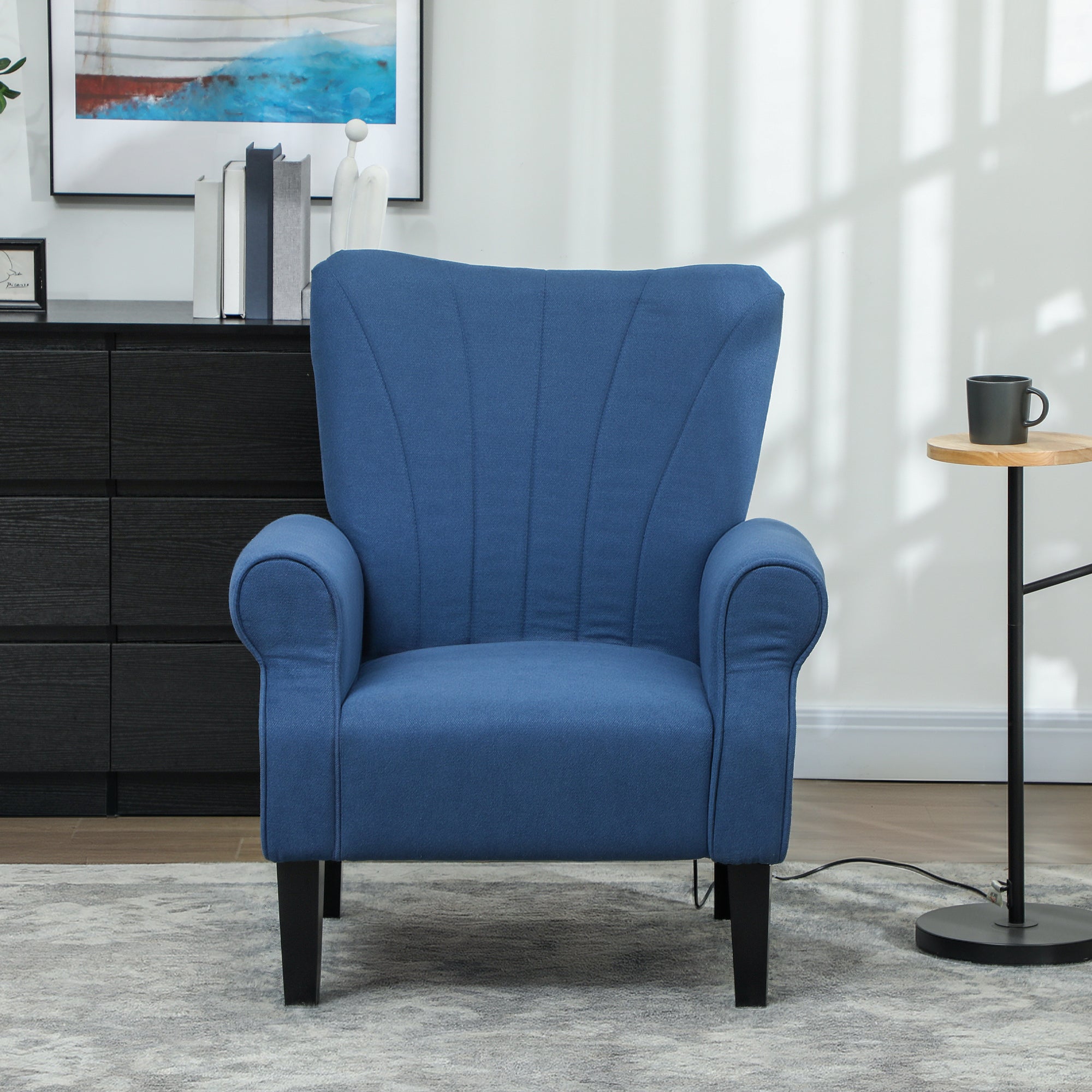 HOMCOM Fabric Accent Chair, Upholstered Armchair, Modern Wingback Living Room Chair with Wood Legs, Rolled Arms and Thick Padding, Dark Blue