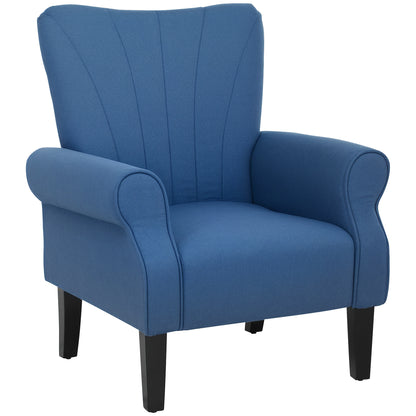 HOMCOM Fabric Accent Chair, Upholstered Armchair, Modern Wingback Living Room Chair with Wood Legs, Rolled Arms and Thick Padding, Dark Blue