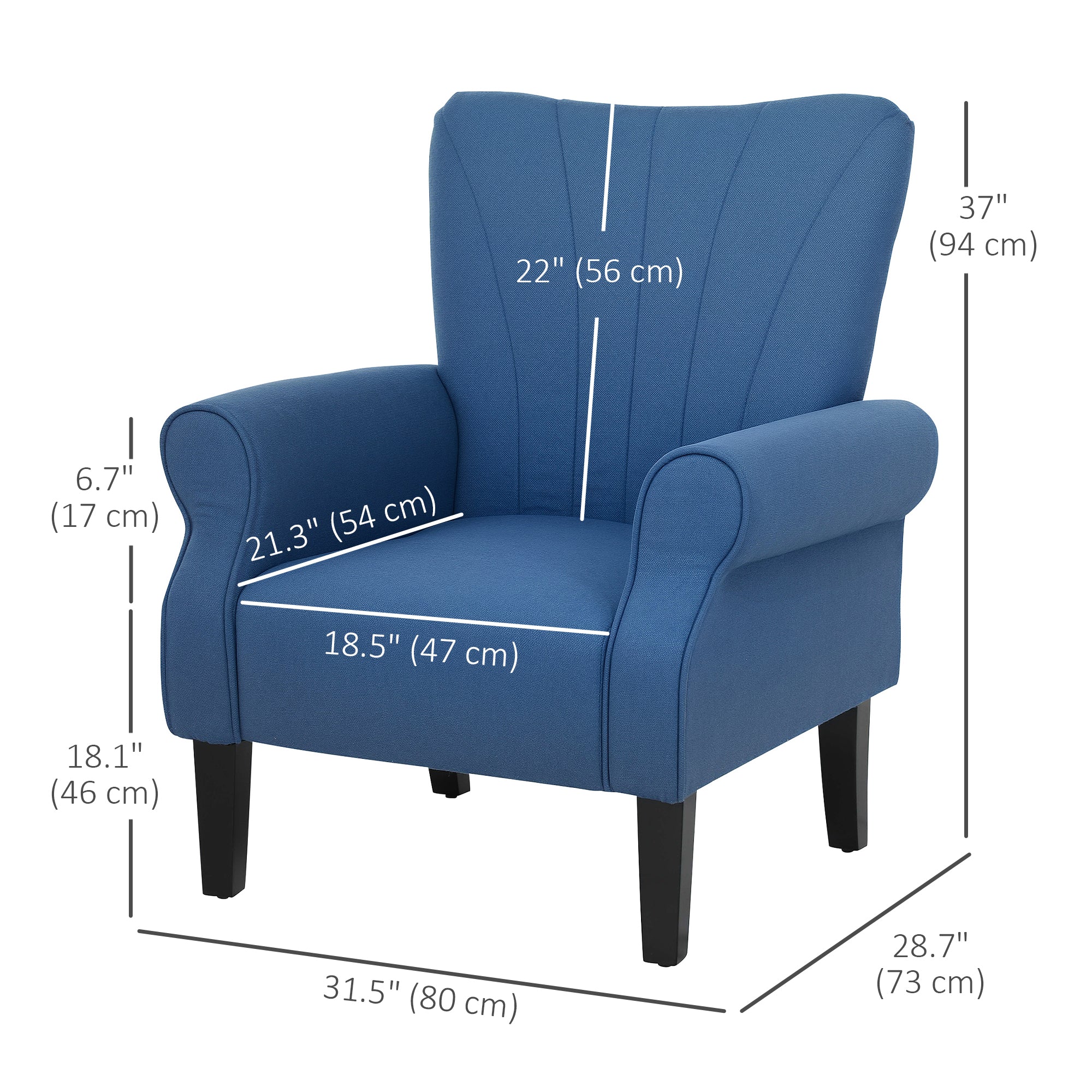 HOMCOM Fabric Accent Chair, Upholstered Armchair, Modern Wingback Living Room Chair with Wood Legs, Rolled Arms and Thick Padding, Dark Blue
