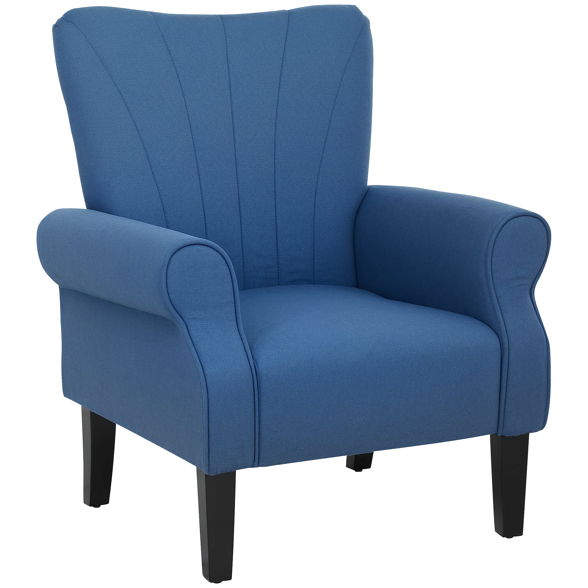 HOMCOM Fabric Accent Chair, Upholstered Armchair, Modern Wingback Living Room Chair with Wood Legs, Rolled Arms and Thick Padding, Dark Blue