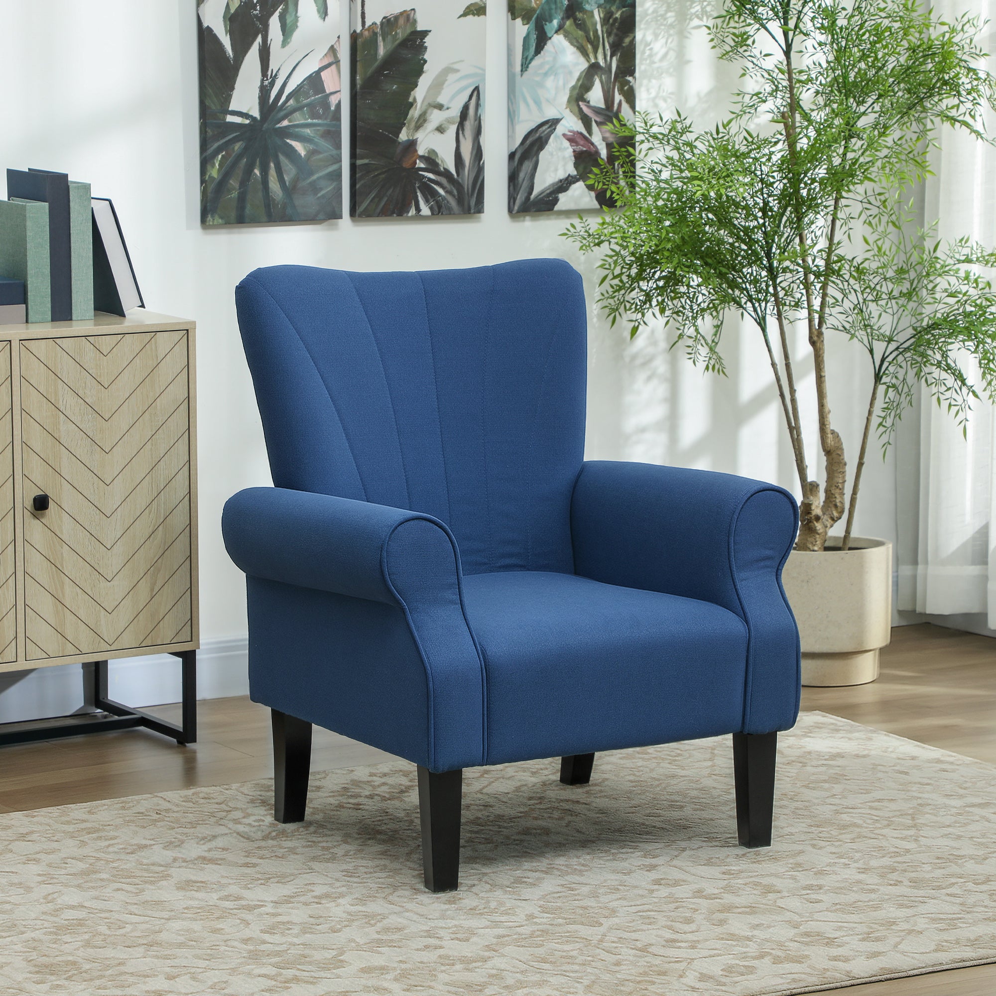 HOMCOM Fabric Accent Chair, Upholstered Armchair, Modern Wingback Living Room Chair with Wood Legs, Rolled Arms and Thick Padding, Dark Blue