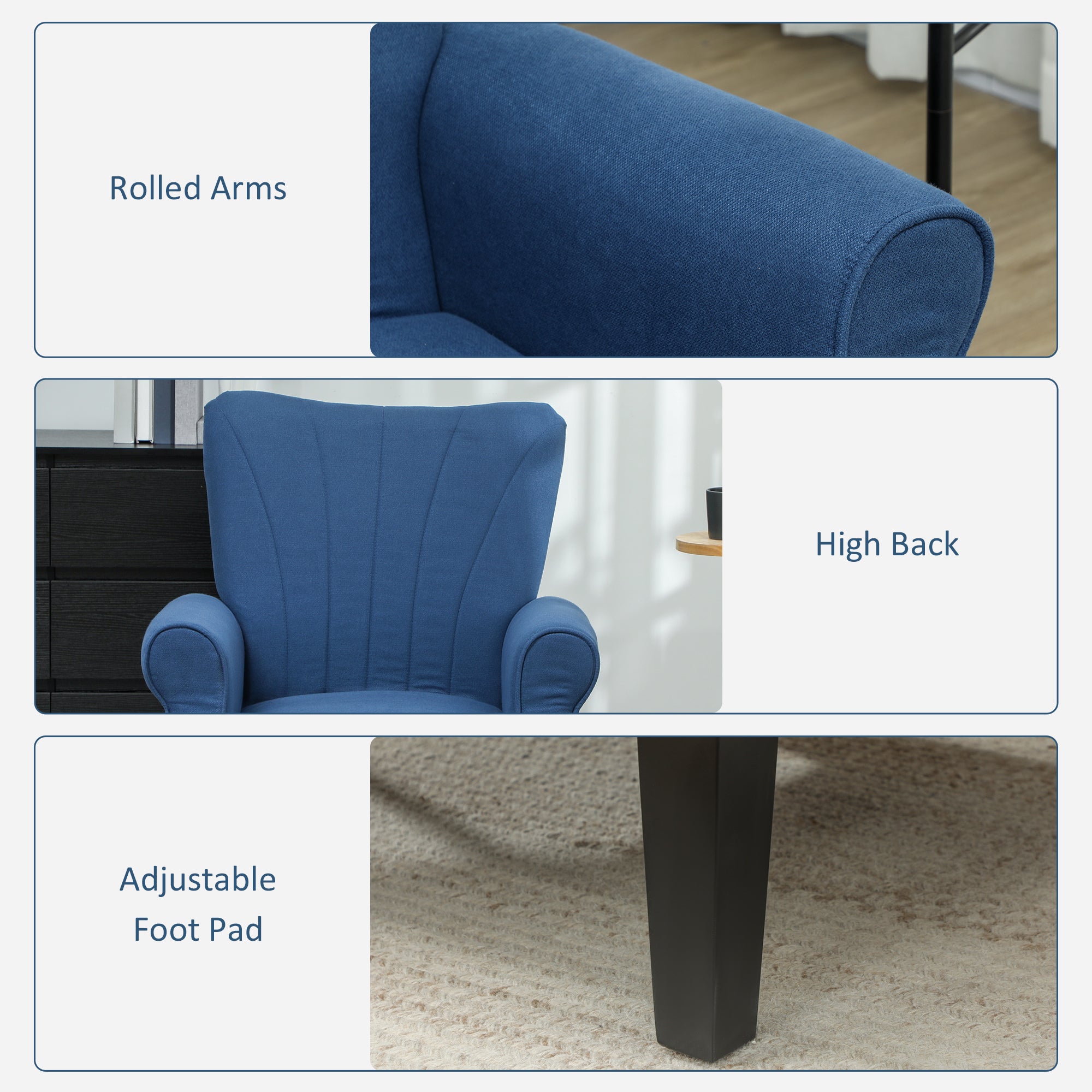 HOMCOM Fabric Accent Chair, Upholstered Armchair, Modern Wingback Living Room Chair with Wood Legs, Rolled Arms and Thick Padding, Dark Blue
