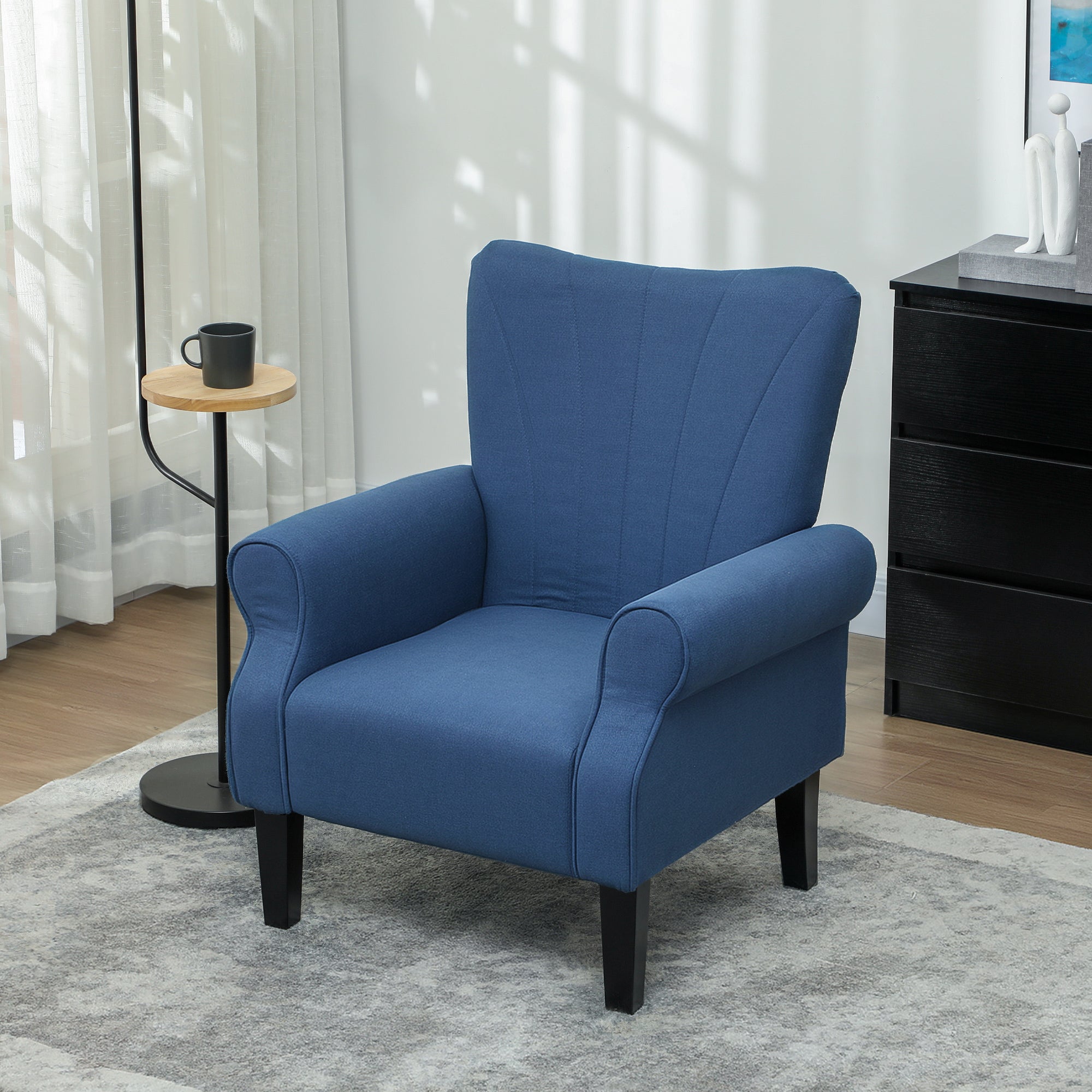 HOMCOM Fabric Accent Chair, Upholstered Armchair, Modern Wingback Living Room Chair with Wood Legs, Rolled Arms and Thick Padding, Dark Blue
