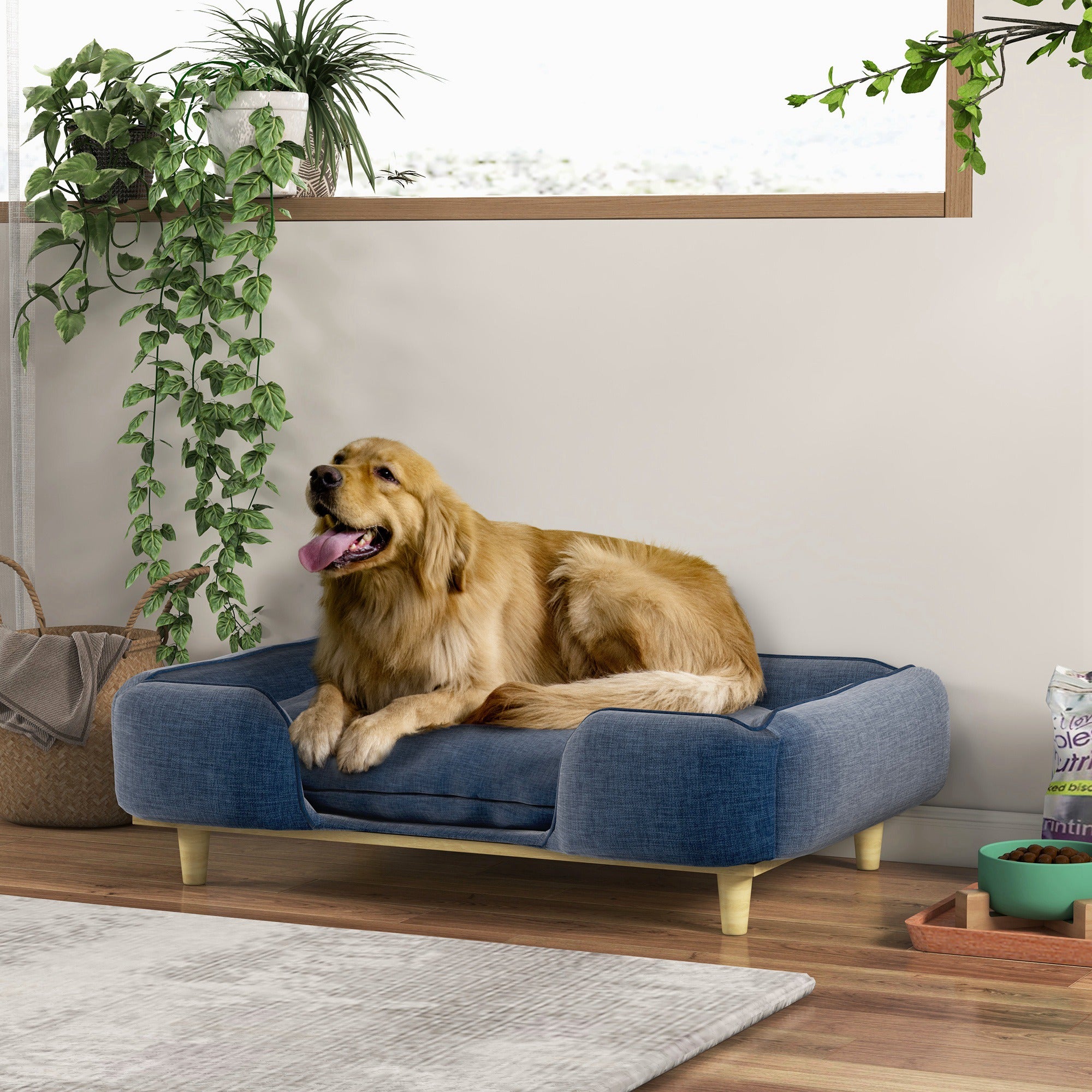 PawHut Dog Sofa, Raised Dog Couch with Comfortable Cushion, Pine Wood Legs, Foot Pads, Pet Sofa for Large-Sized Dogs Indoor Use, Dark Blue