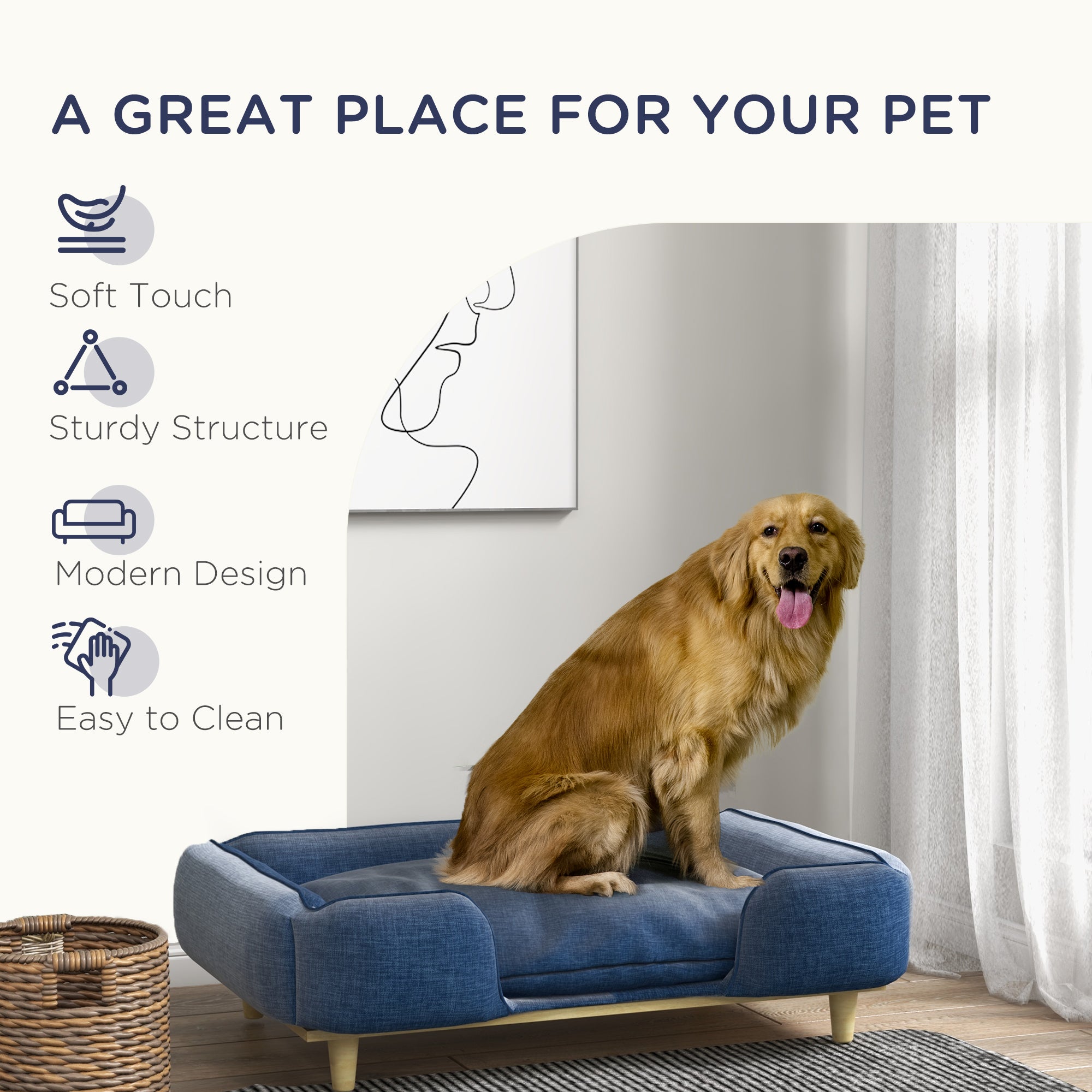 PawHut Dog Sofa, Raised Dog Couch with Comfortable Cushion, Pine Wood Legs, Foot Pads, Pet Sofa for Large-Sized Dogs Indoor Use, Dark Blue
