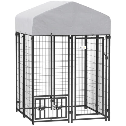 PawHut 3.9' x 3.9' x 6' Outdoor Dog Kennel, Welded Wire Heavy Duty Dog Run with 360° Rotating & 4 Level Adjustable Bowls, Dog Kennel Outside with Waterproof & UV Resistant Cover, for S&M Dogs