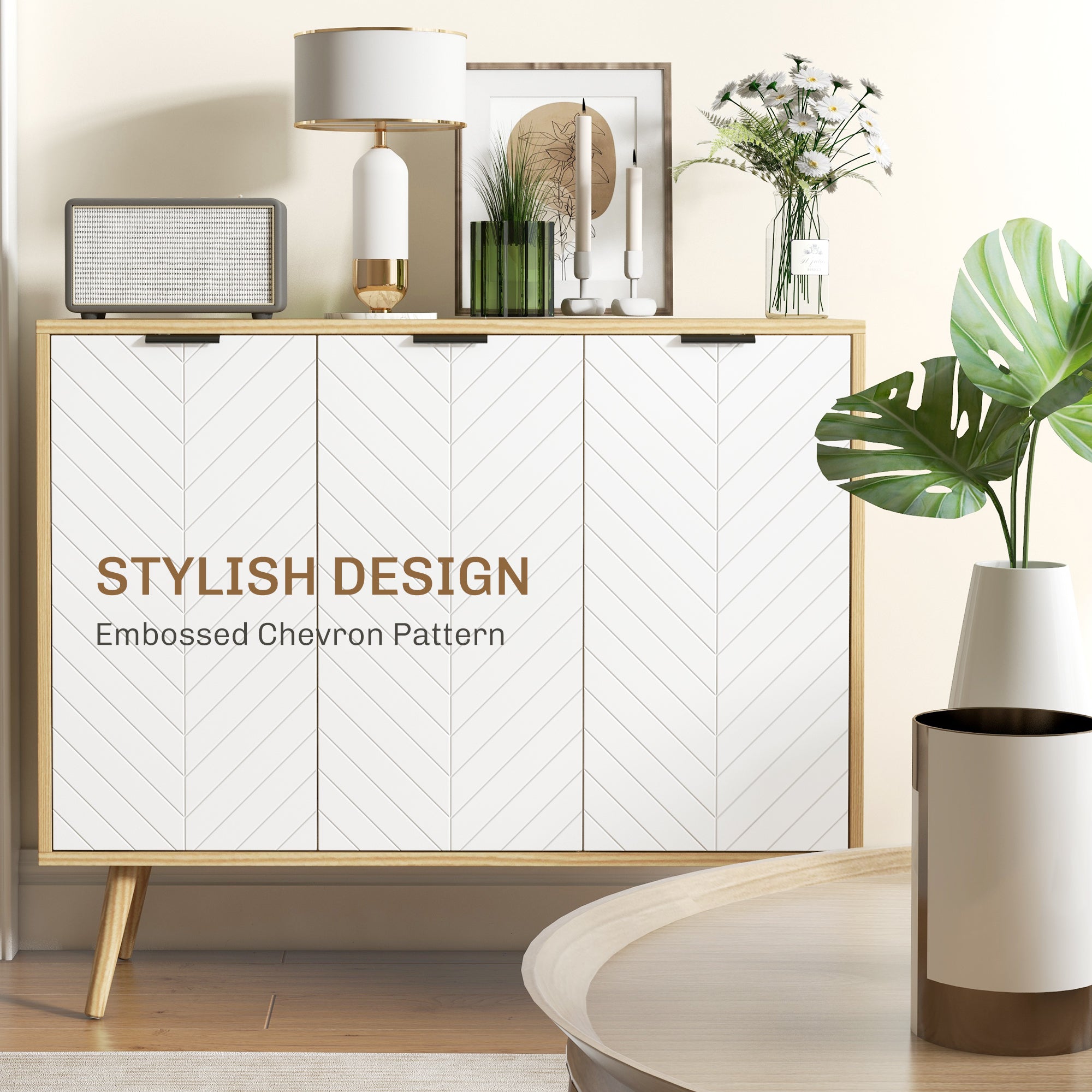 HOMCOM Kitchen Sideboard, Modern Storage Cabinet, Accent Cupboard with Adjustable Shelves, Natural