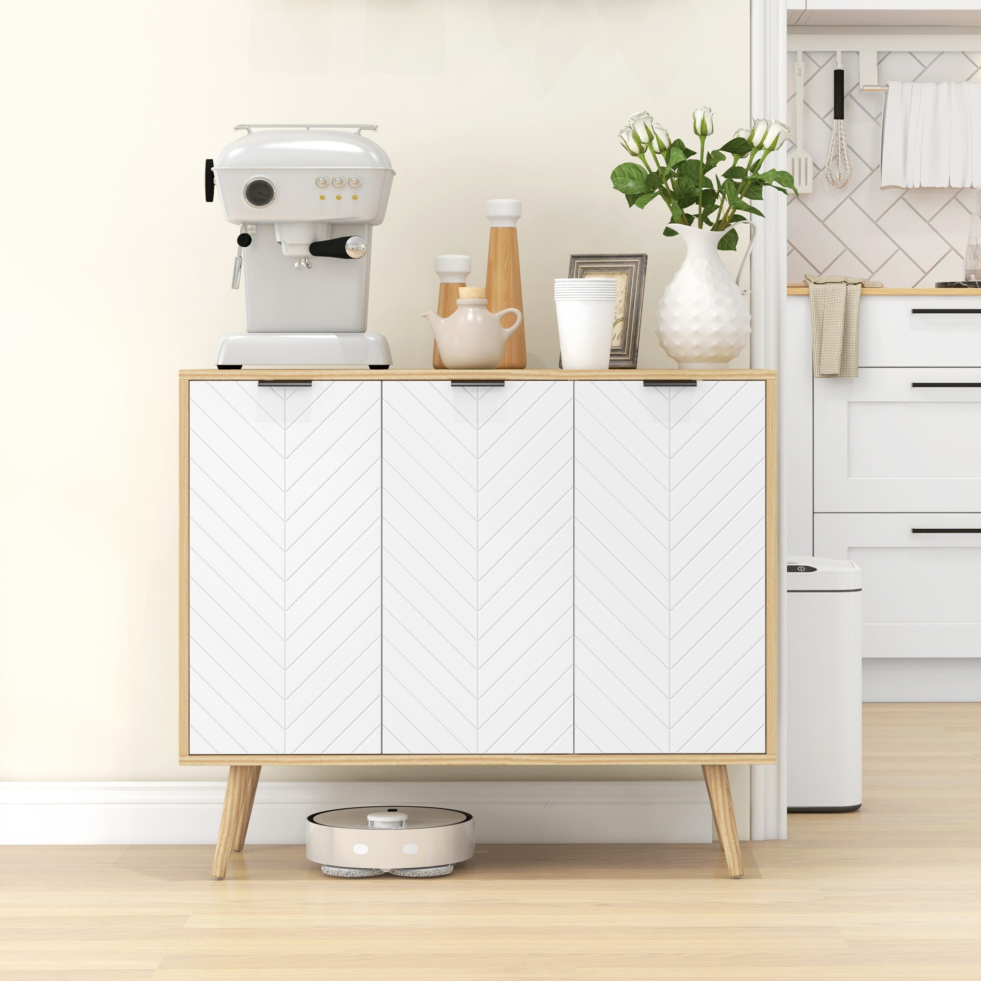 HOMCOM Kitchen Sideboard, Modern Storage Cabinet, Accent Cupboard with Adjustable Shelves, Natural