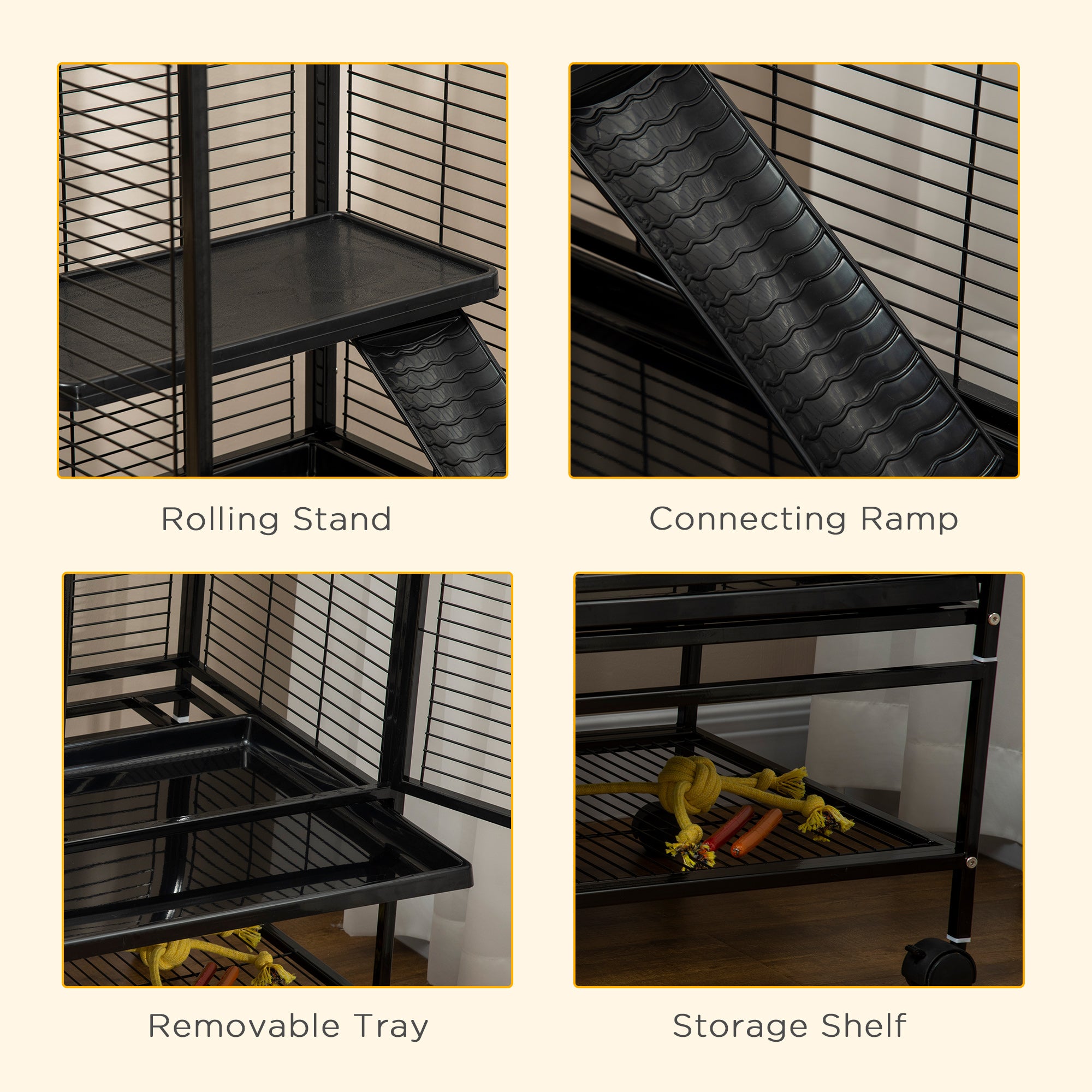 PawHut Small Animal Cage with Wheels, Pet Playpen for Rat, Syrian Hamster, Kitten, Ferrets, Chinchillas with Bottom Storage Shelf, Removable Tray, Ramp, 35.9" x 20.2" x 42"