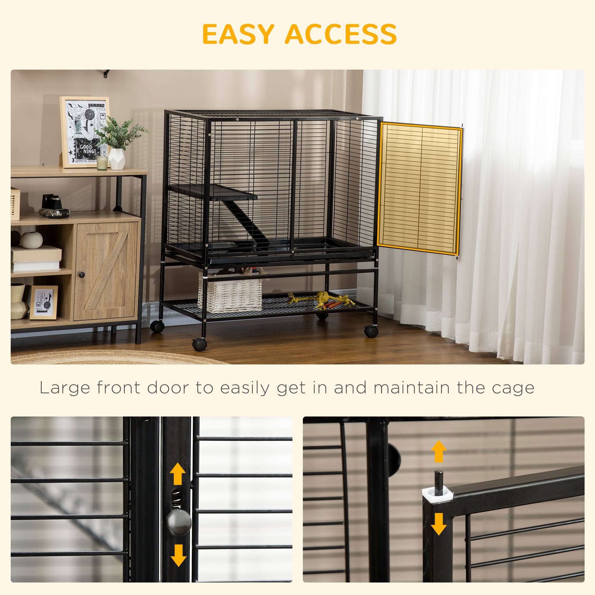 PawHut Small Animal Cage with Wheels, Pet Playpen for Rat, Syrian Hamster, Kitten, Ferrets, Chinchillas with Bottom Storage Shelf, Removable Tray, Ramp, 35.9" x 20.2" x 42"