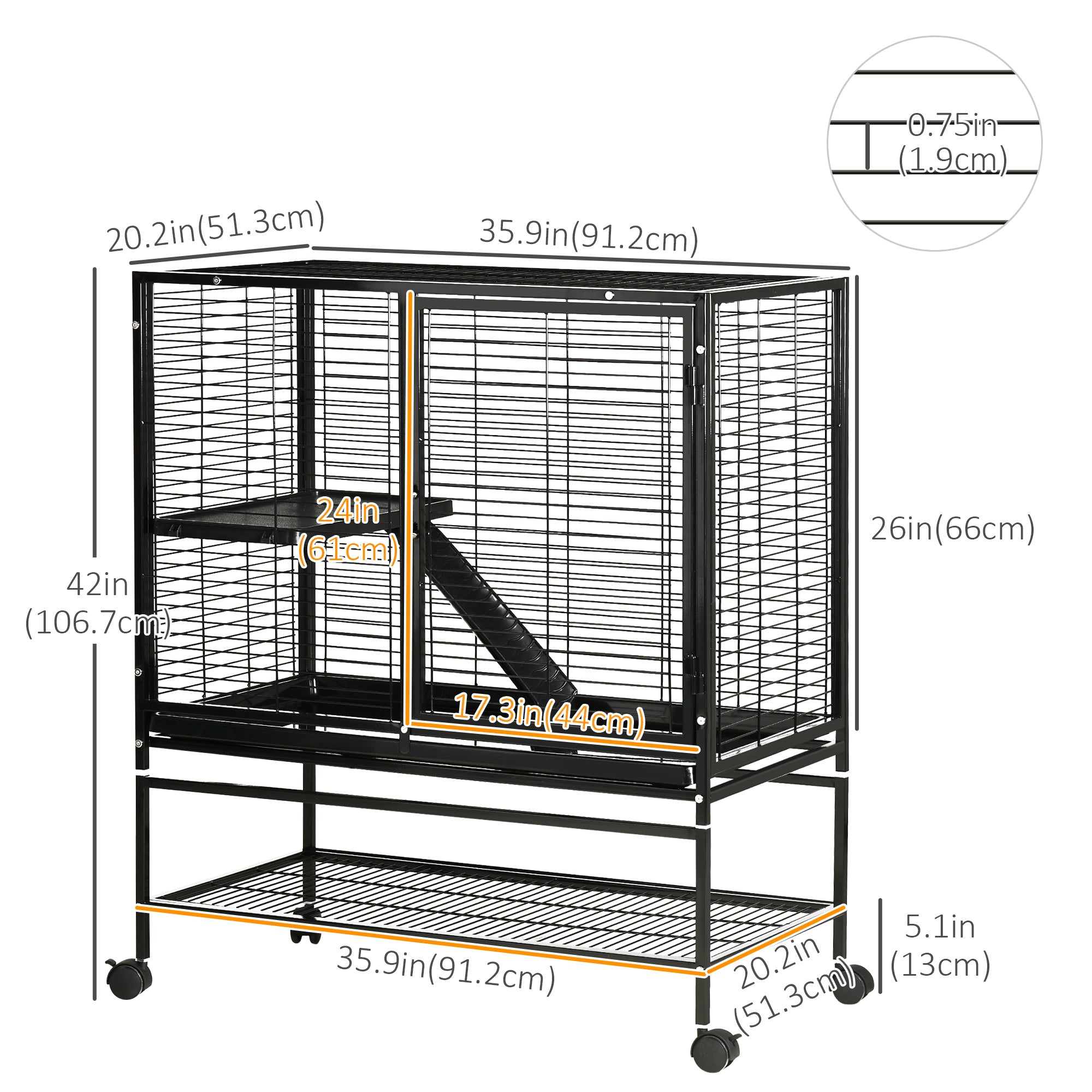 PawHut Small Animal Cage with Wheels, Pet Playpen for Rat, Syrian Hamster, Kitten, Ferrets, Chinchillas with Bottom Storage Shelf, Removable Tray, Ramp, 35.9" x 20.2" x 42"