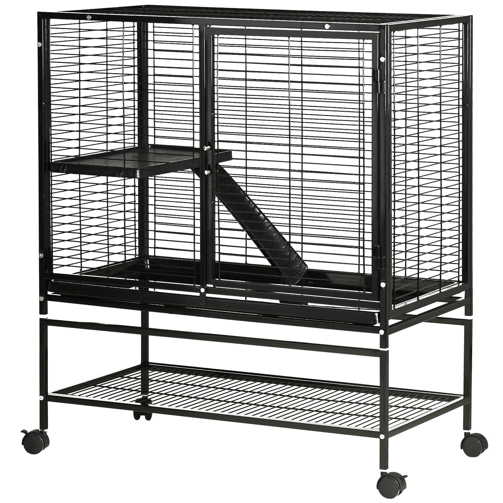 PawHut Small Animal Cage with Wheels, Pet Playpen for Rat, Syrian Hamster, Kitten, Ferrets, Chinchillas with Bottom Storage Shelf, Removable Tray, Ramp, 35.9" x 20.2" x 42"