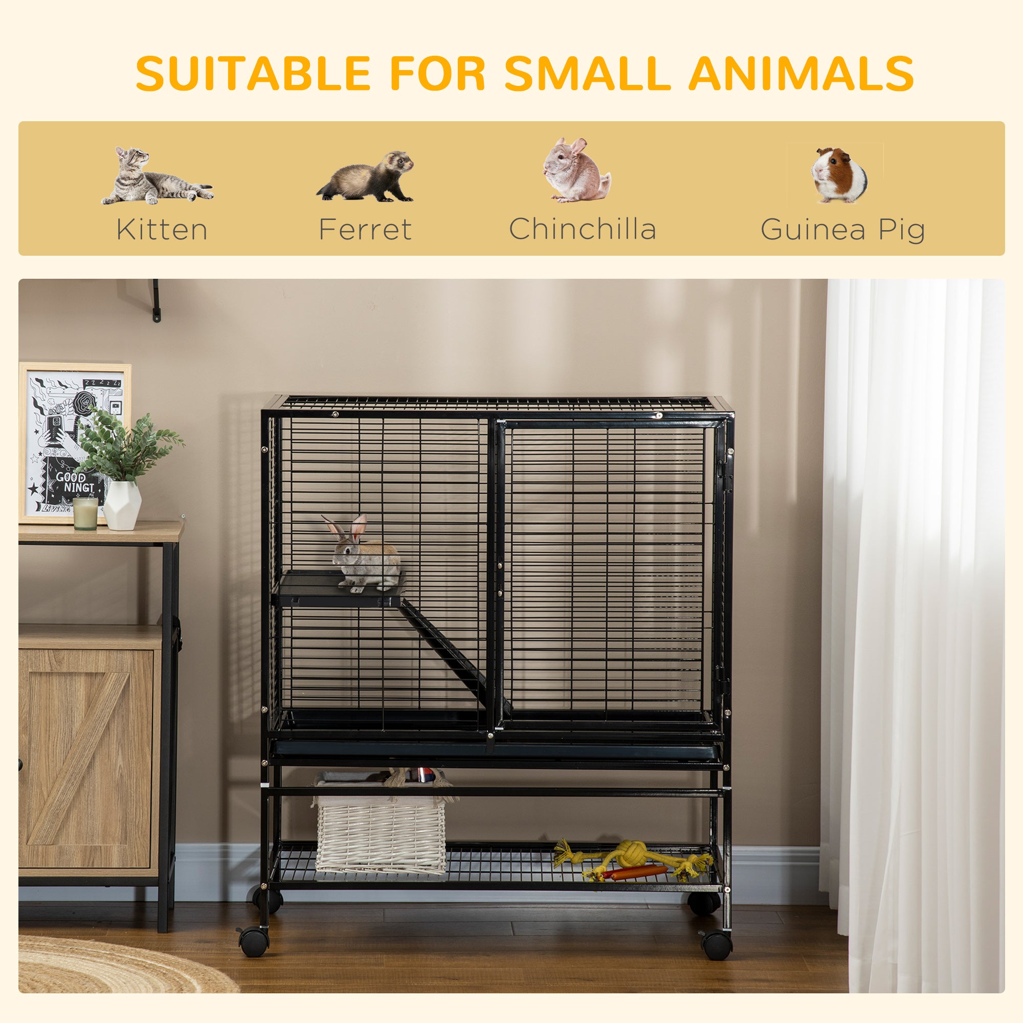 PawHut Small Animal Cage with Wheels, Pet Playpen for Rat, Syrian Hamster, Kitten, Ferrets, Chinchillas with Bottom Storage Shelf, Removable Tray, Ramp, 35.9" x 20.2" x 42"