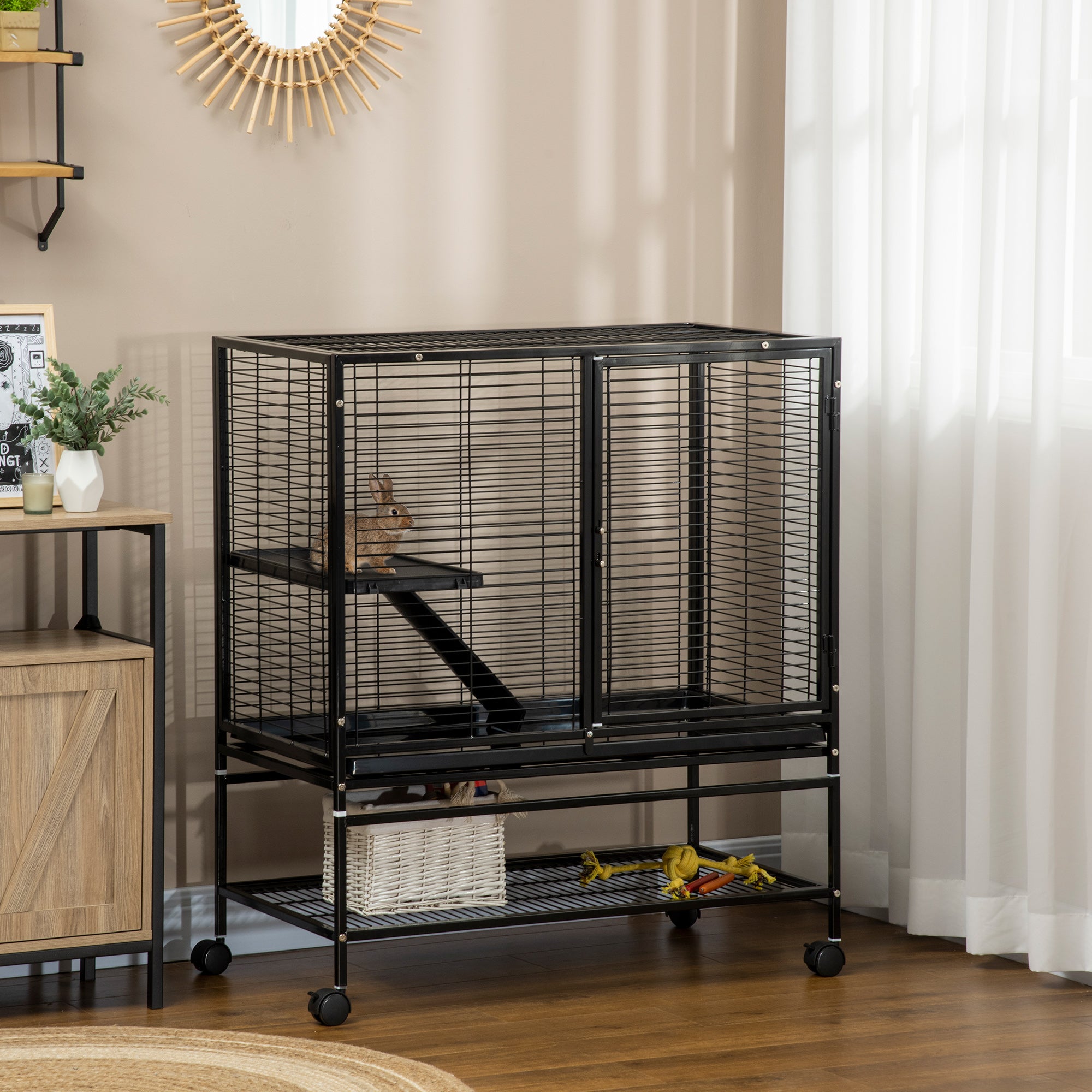 PawHut Small Animal Cage with Wheels, Pet Playpen for Rat, Syrian Hamster, Kitten, Ferrets, Chinchillas with Bottom Storage Shelf, Removable Tray, Ramp, 35.9" x 20.2" x 42"
