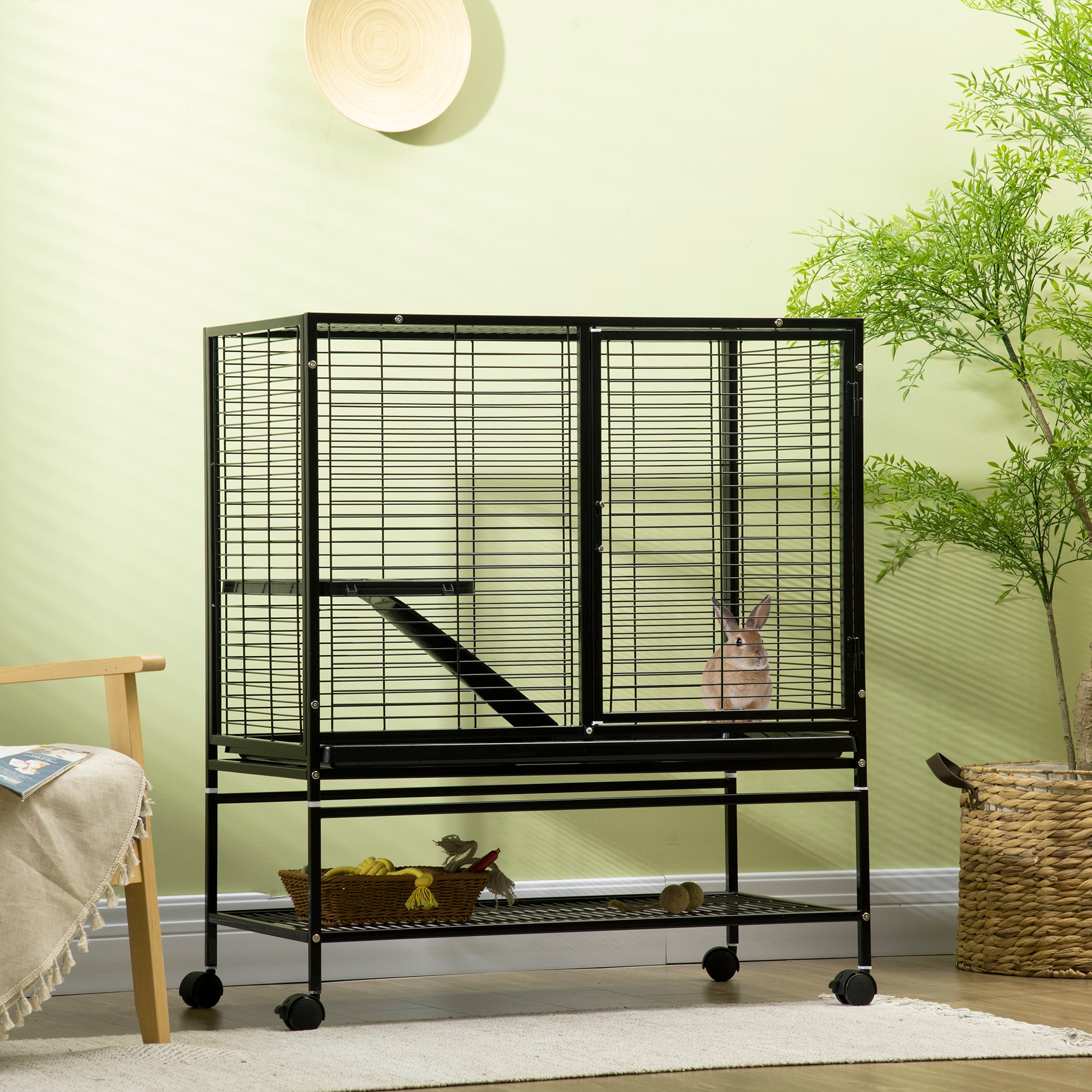PawHut Small Animal Cage with Wheels, Pet Playpen for Rat, Syrian Hamster, Kitten, Ferrets, Chinchillas with Bottom Storage Shelf, Removable Tray, Ramp, 35.9" x 20.2" x 42"