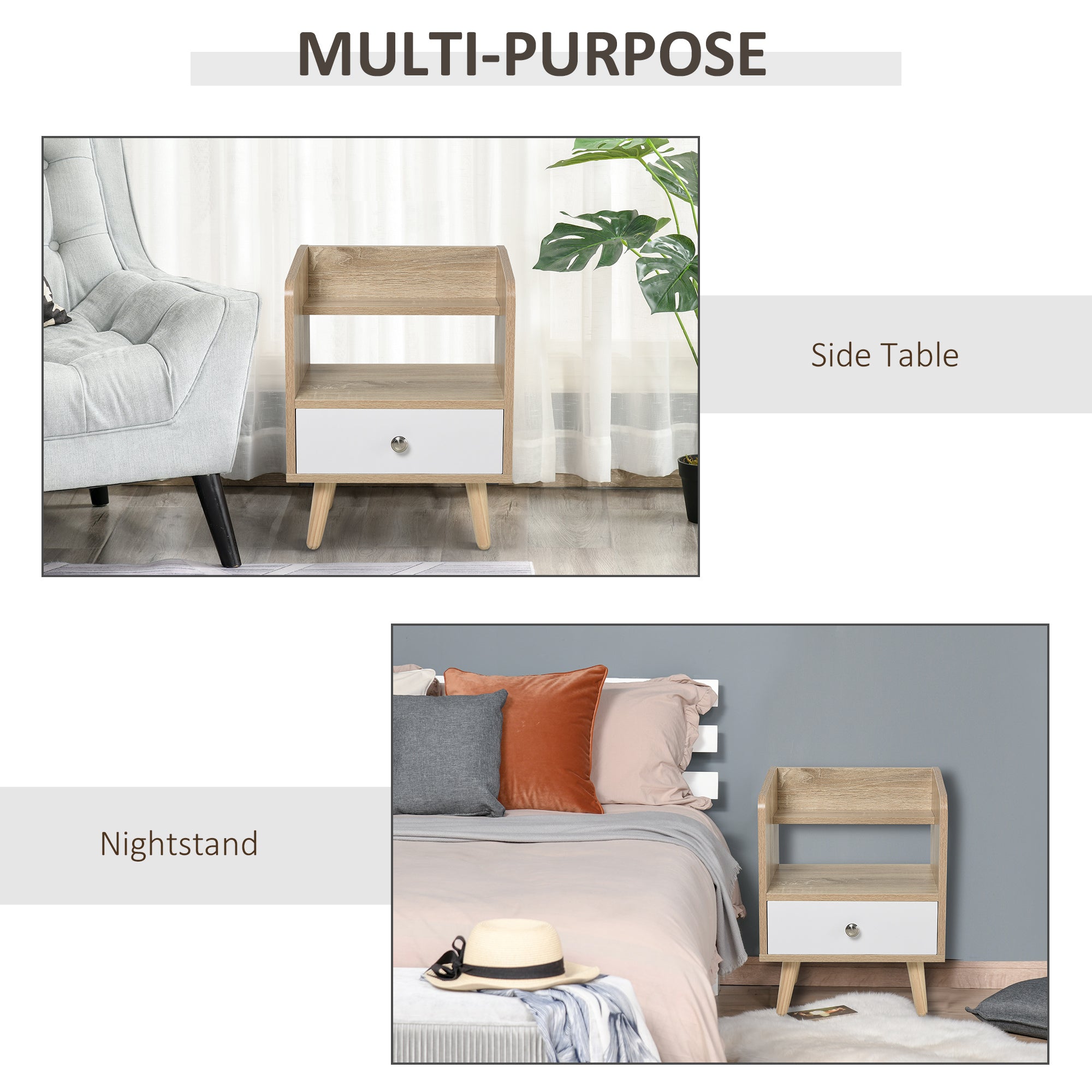 HOMCOM Nightstand, Bedside Table with 2-tier Shelf and Drawer, Side End Table with Storage for Bedroom, Natural