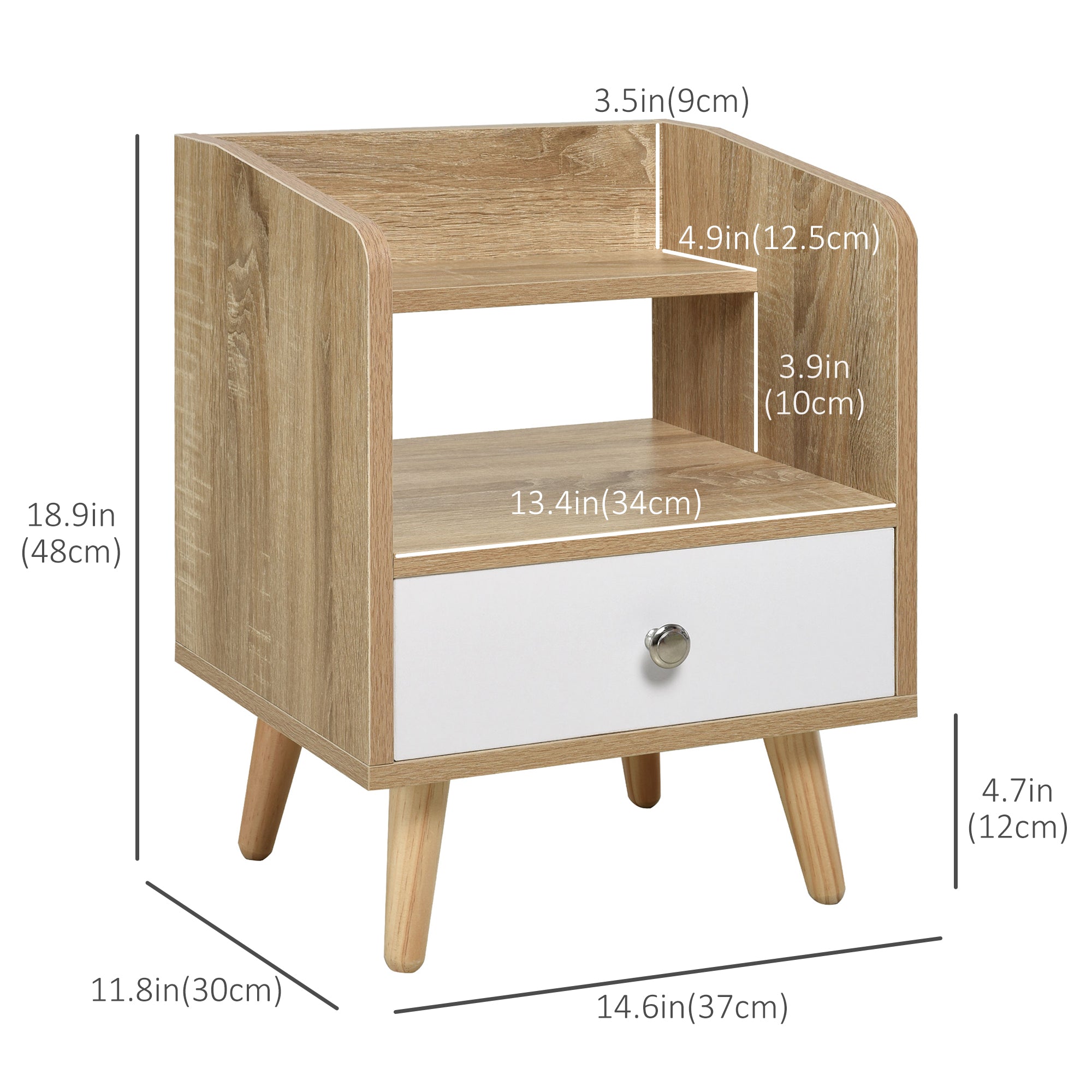 HOMCOM Nightstand, Bedside Table with 2-tier Shelf and Drawer, Side End Table with Storage for Bedroom, Natural