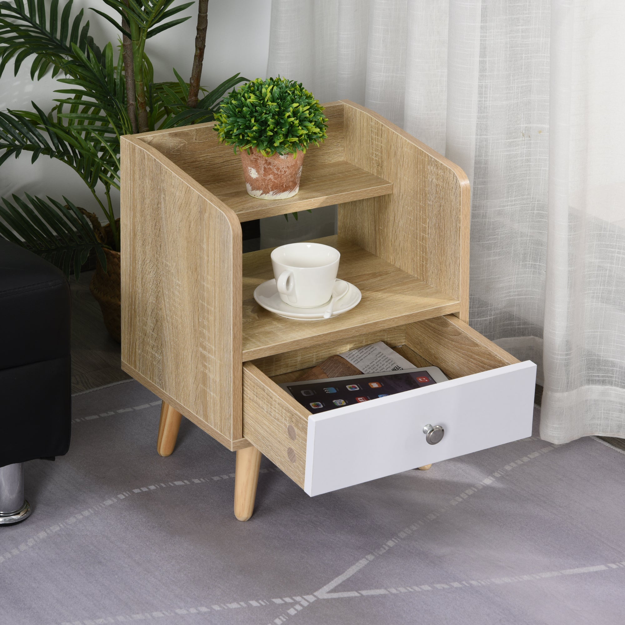 HOMCOM Nightstand, Bedside Table with 2-tier Shelf and Drawer, Side End Table with Storage for Bedroom, Natural