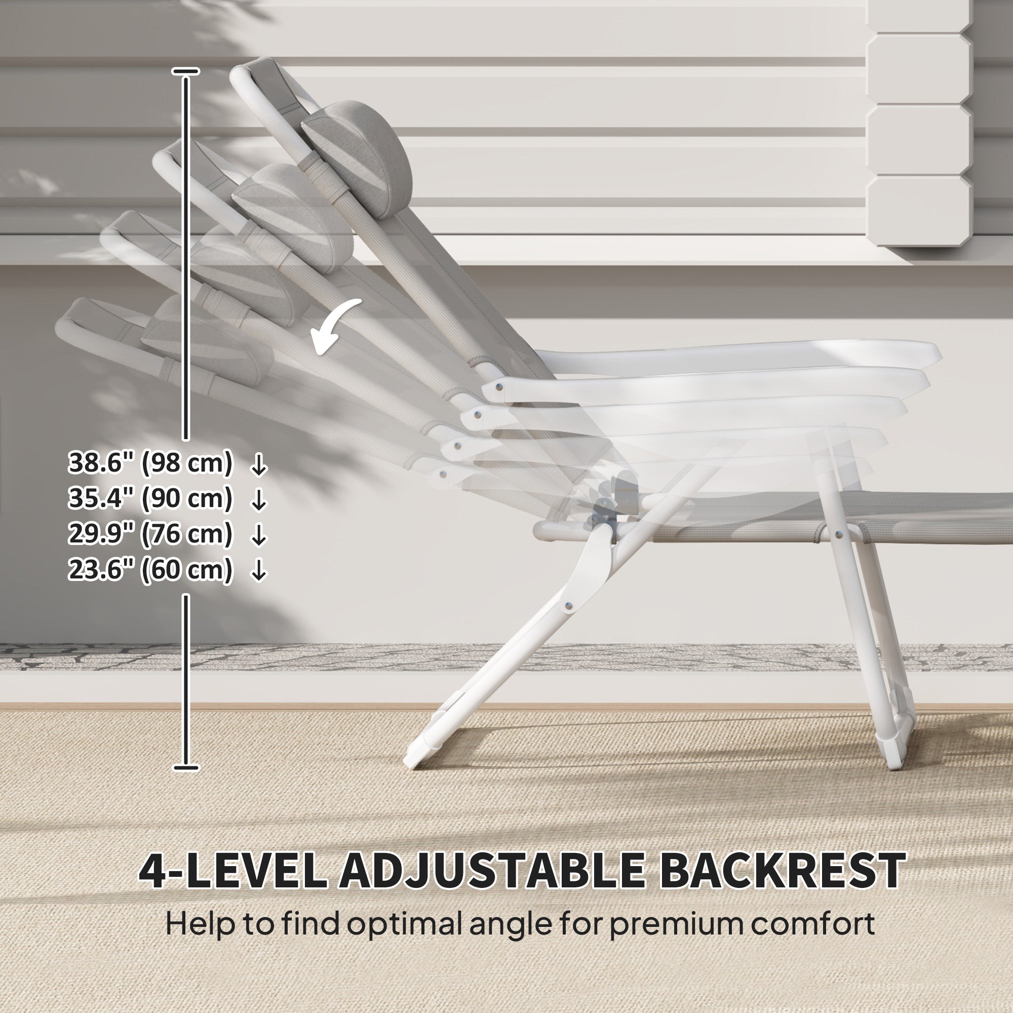 Outsunny Outdoor Lounge Chair, Patio Garden Folding Chaise Lounge Sun Beach Reclining Tanning Chair with 4-Level Adjustable Backrest & Headrest, Light Grey