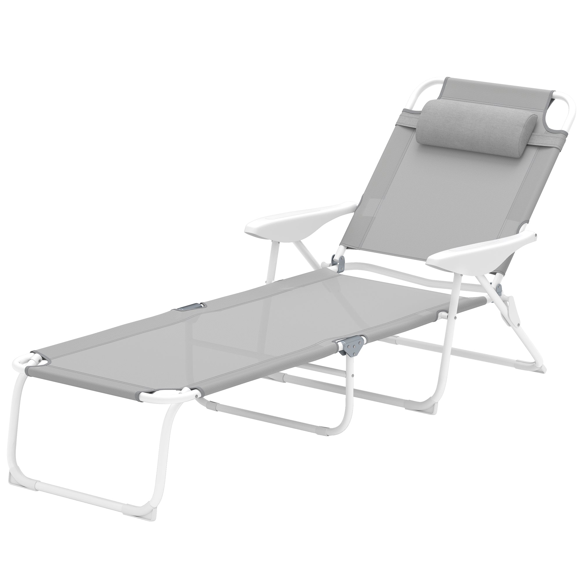 Outsunny Outdoor Lounge Chair, Patio Garden Folding Chaise Lounge Sun Beach Reclining Tanning Chair with 4-Level Adjustable Backrest & Headrest, Light Grey