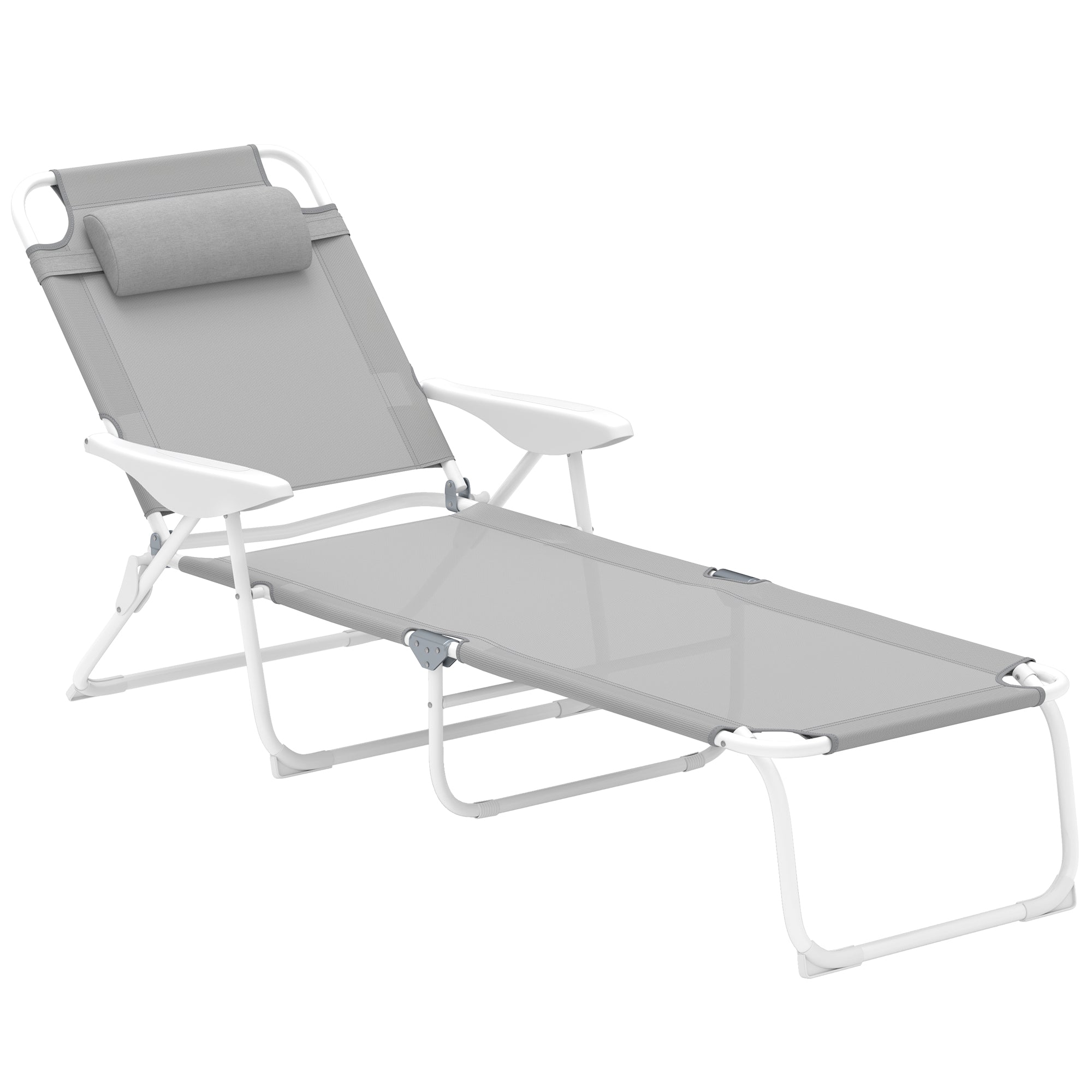 Outsunny Outdoor Lounge Chair, Patio Garden Folding Chaise Lounge Sun Beach Reclining Tanning Chair with 4-Level Adjustable Backrest & Headrest, Light Grey