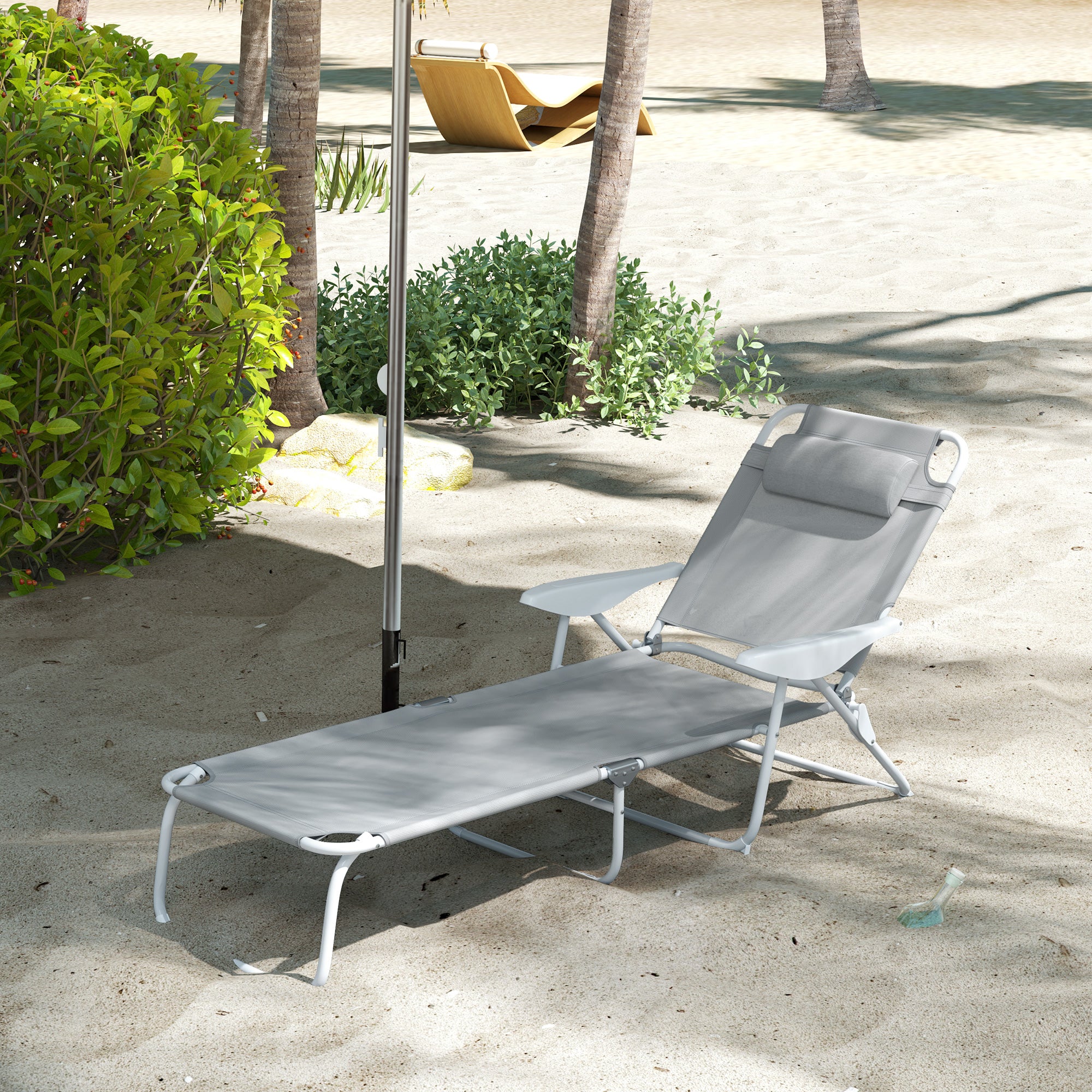Outsunny Outdoor Lounge Chair, Patio Garden Folding Chaise Lounge Sun Beach Reclining Tanning Chair with 4-Level Adjustable Backrest & Headrest, Light Grey