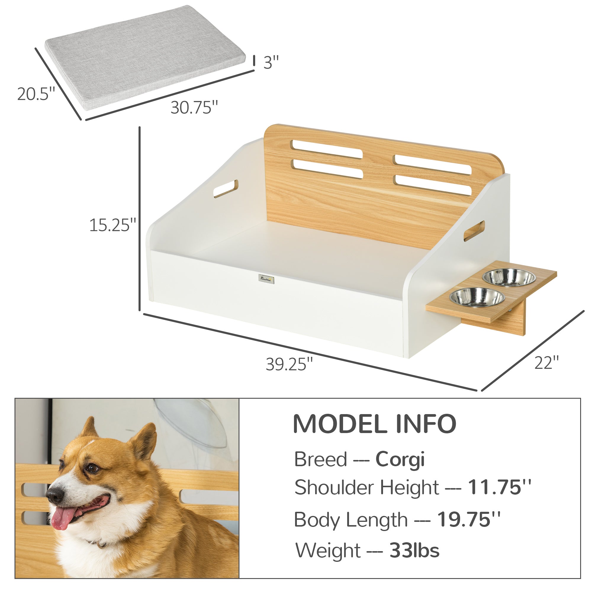 PawHut Elevated Dog Bed with Dog Bowls, Raised Furniture Style Pet Sofa for Cat with Soft Cushion, Washable Cover, for Small and Medium Sized Dog