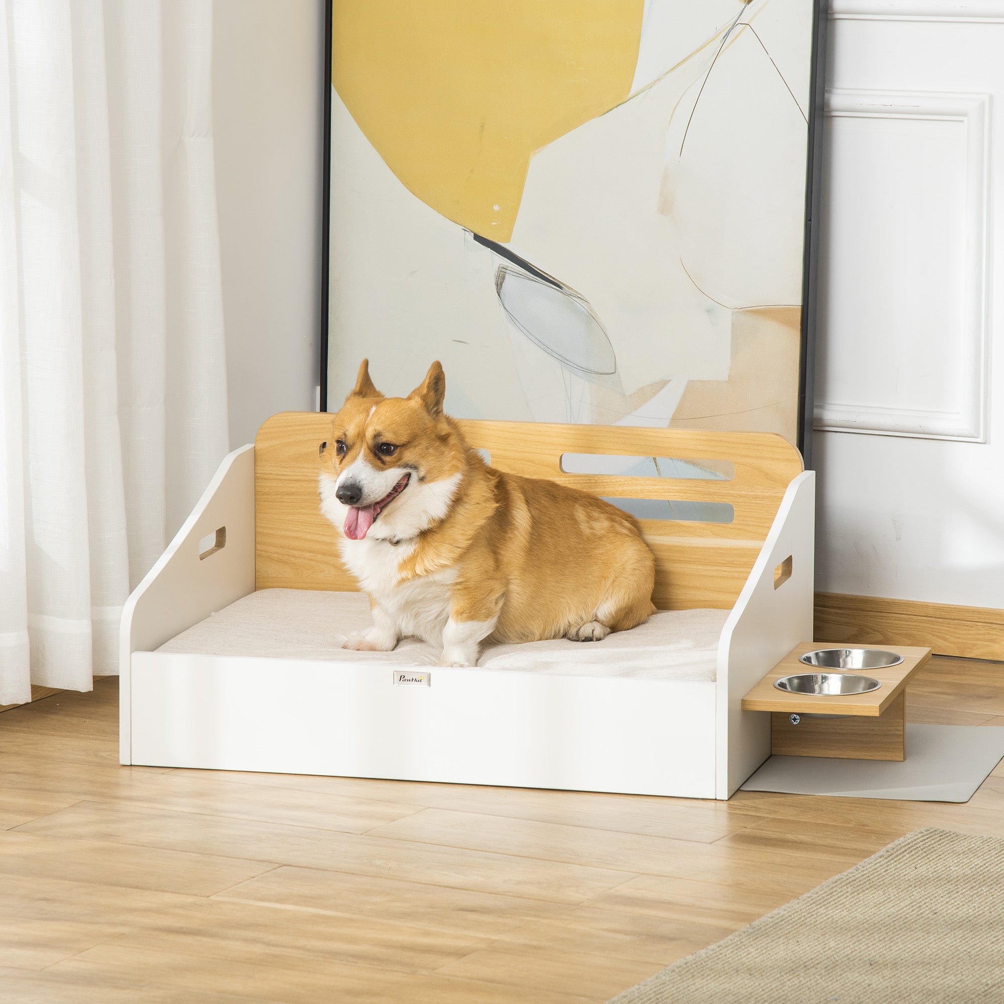 PawHut Elevated Dog Bed with Dog Bowls, Raised Furniture Style Pet Sofa for Cat with Soft Cushion, Washable Cover, for Small and Medium Sized Dog