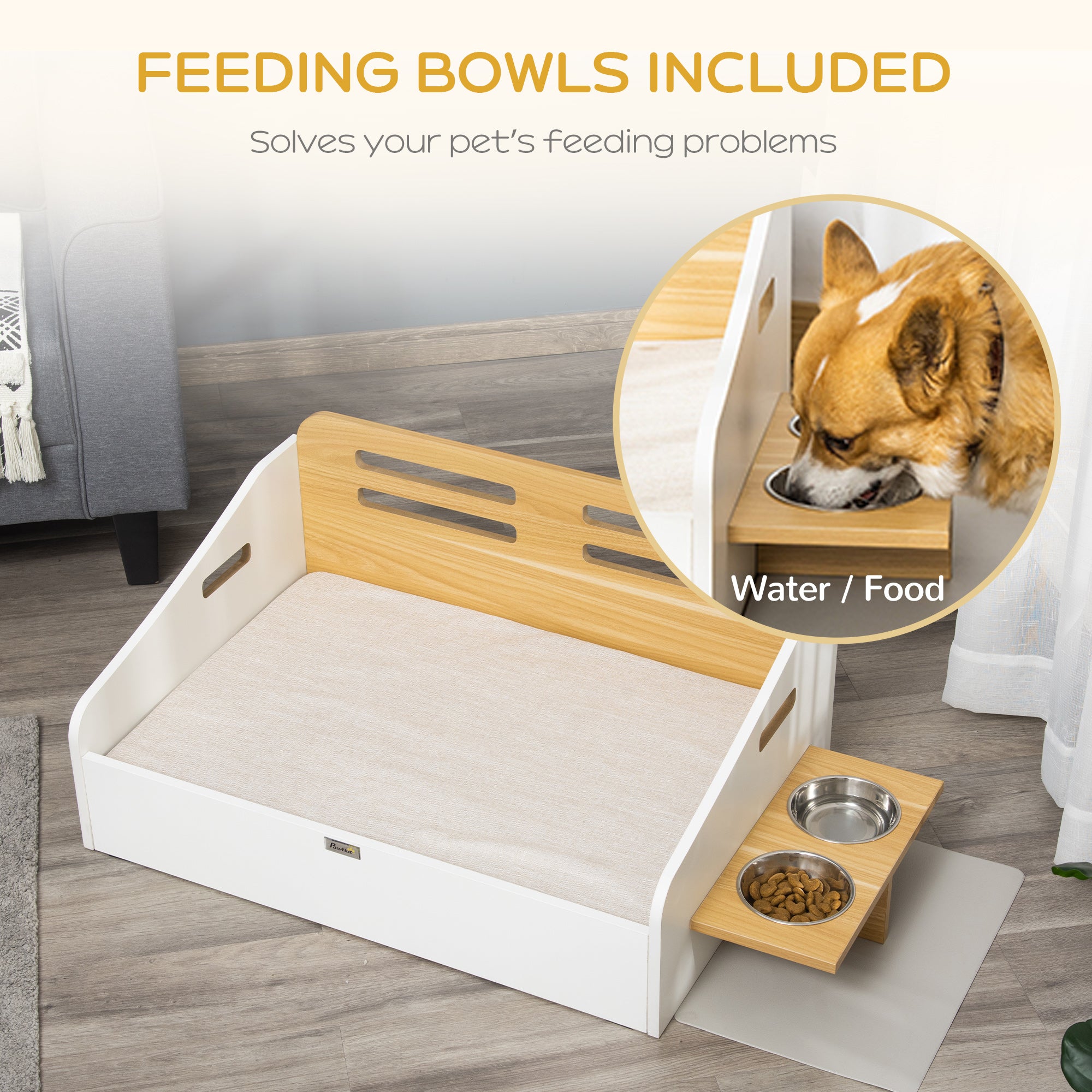 PawHut Elevated Dog Bed with Dog Bowls, Raised Furniture Style Pet Sofa for Cat with Soft Cushion, Washable Cover, for Small and Medium Sized Dog