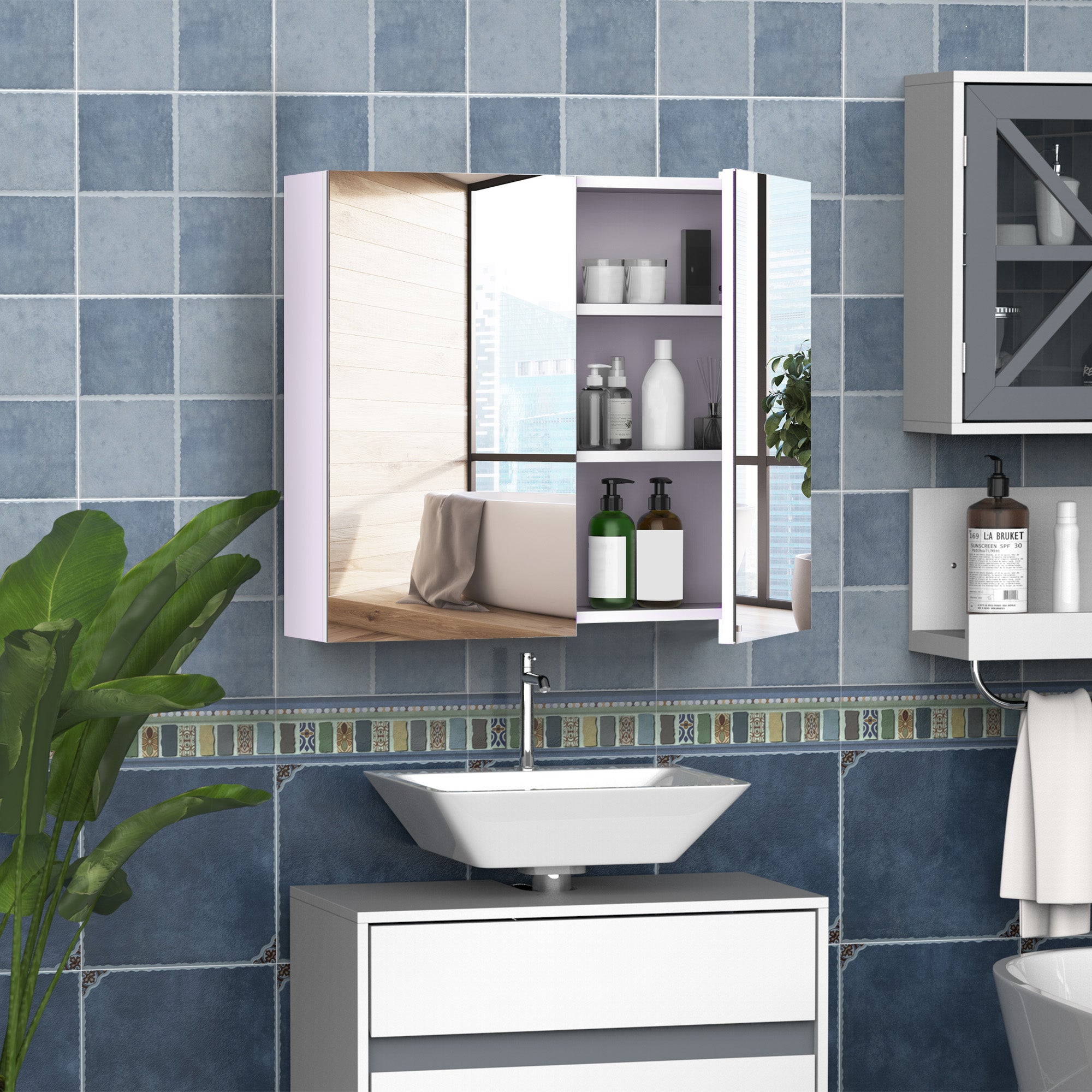 HOMCOM Wall Mount Medicine Cabinet with Mirror, Bathroom Mirror Cabinet Storage Organizer with Adjustable Shelf, Double Door Cupboard, Soft Closing, 27.5