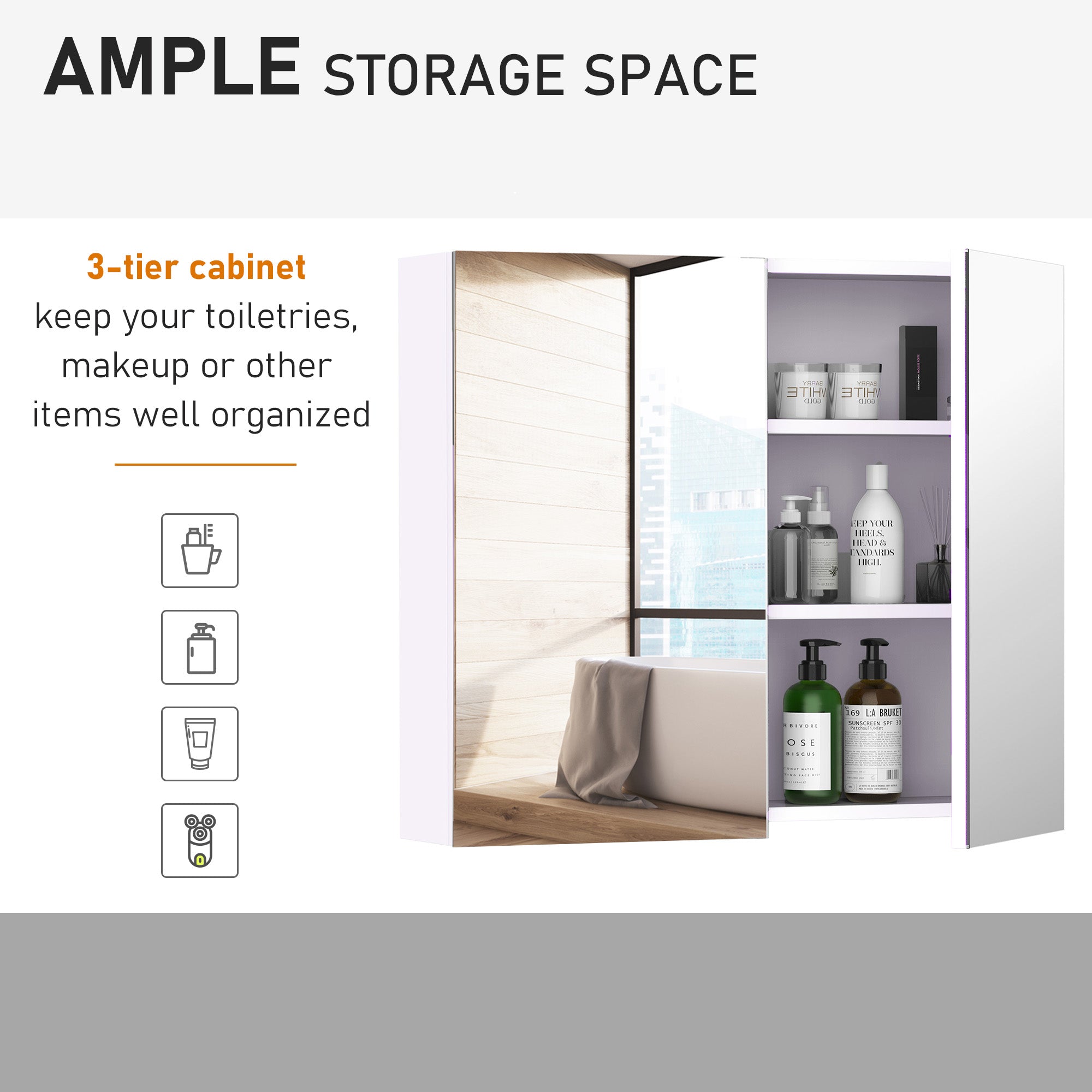 HOMCOM Wall Mount Medicine Cabinet with Mirror, Bathroom Mirror Cabinet Storage Organizer with Adjustable Shelf, Double Door Cupboard, Soft Closing, 27.5