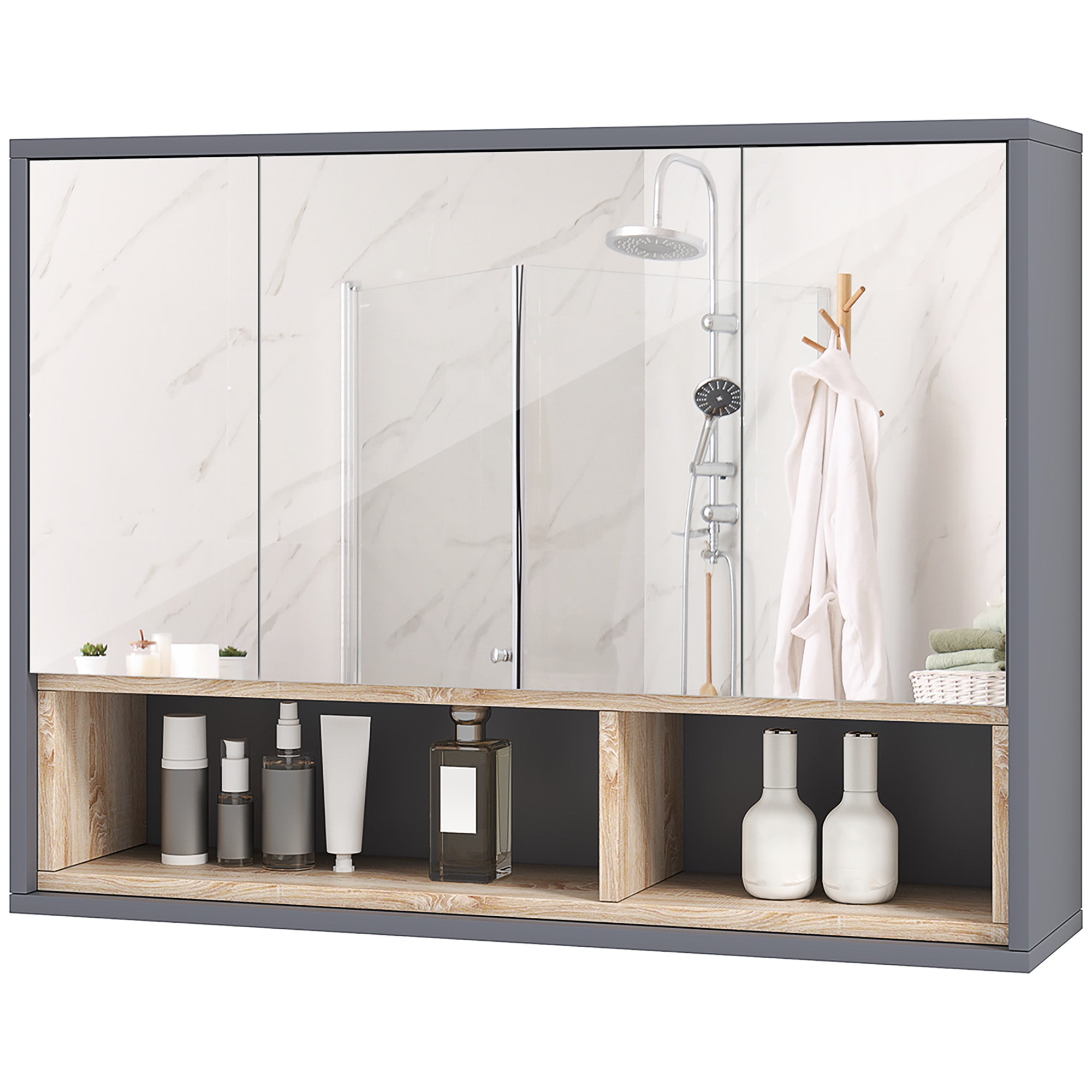 HOMCOM Medicine Cabinet with Mirror, Wall Mounted Bathroom Mirror Cabinet with Shelves, 3 Doors Storage Cabinet, Grey